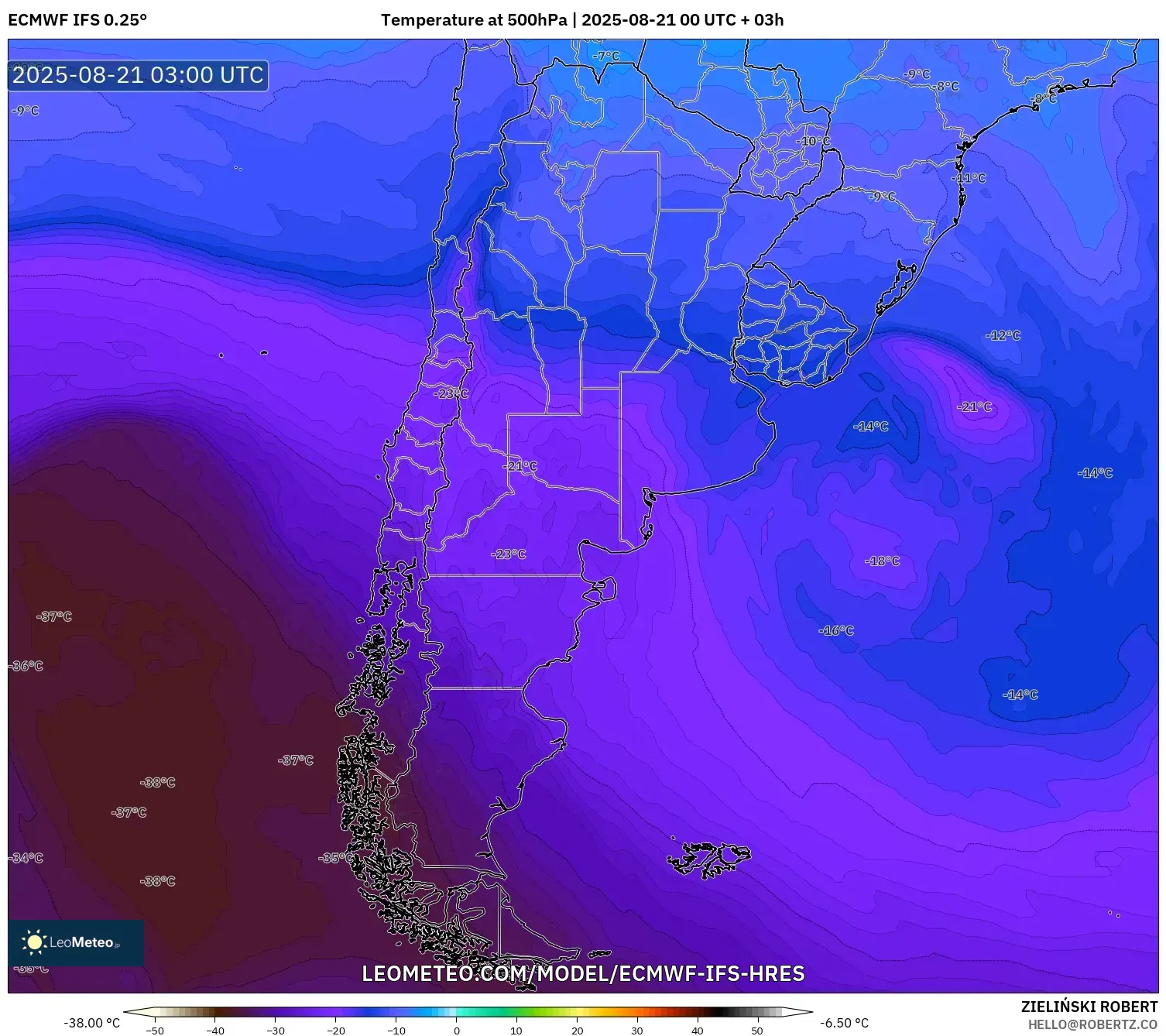 ECMWF IFS 0.25° model - Argentina, Temperature at 500hPa