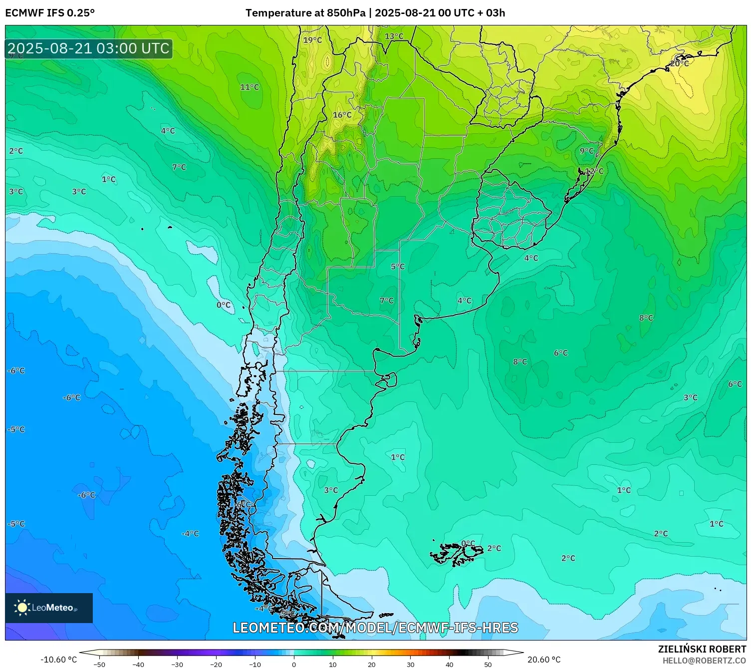 ECMWF IFS 0.25° model - Argentina, Temperature at 850hPa