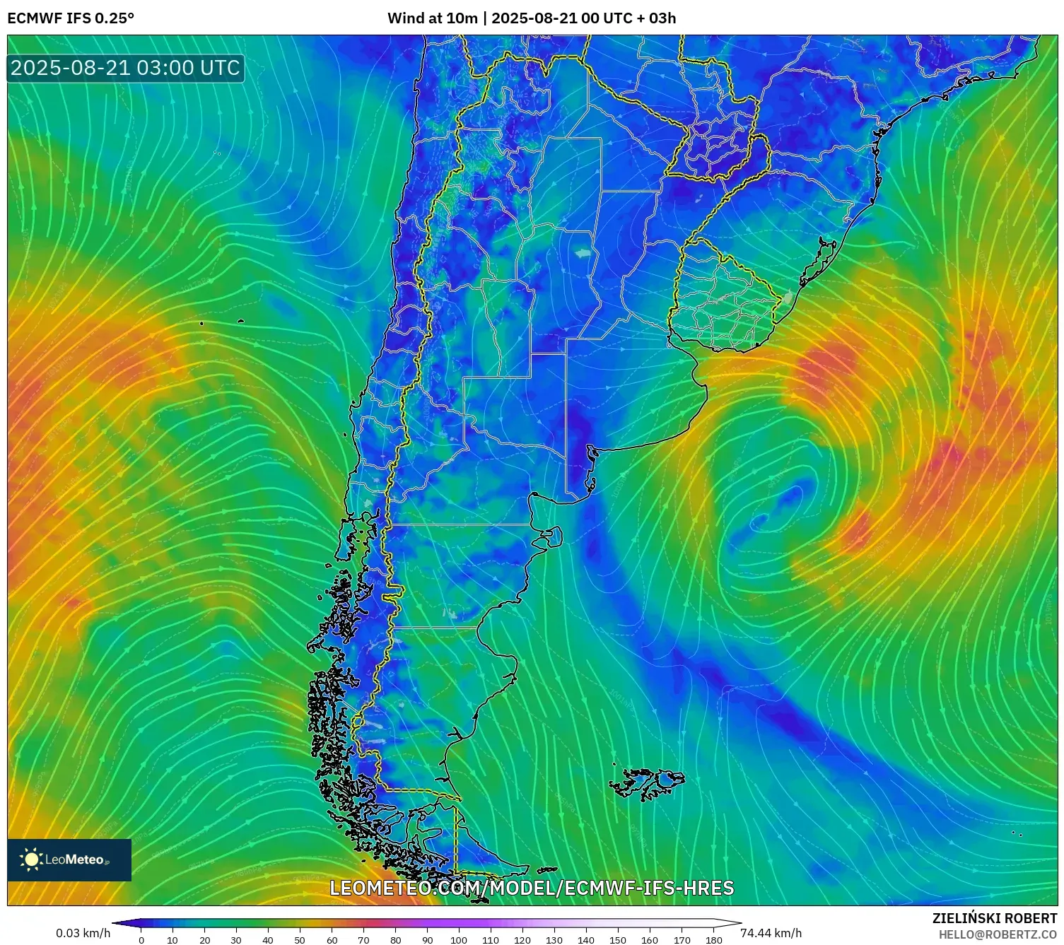 ECMWF IFS 0.25° model - Argentina, Wind at 10m