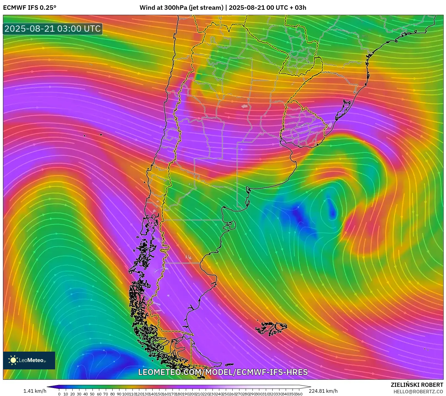 ECMWF IFS 0.25° model - Argentina, Wind at 300hPa (jet stream)