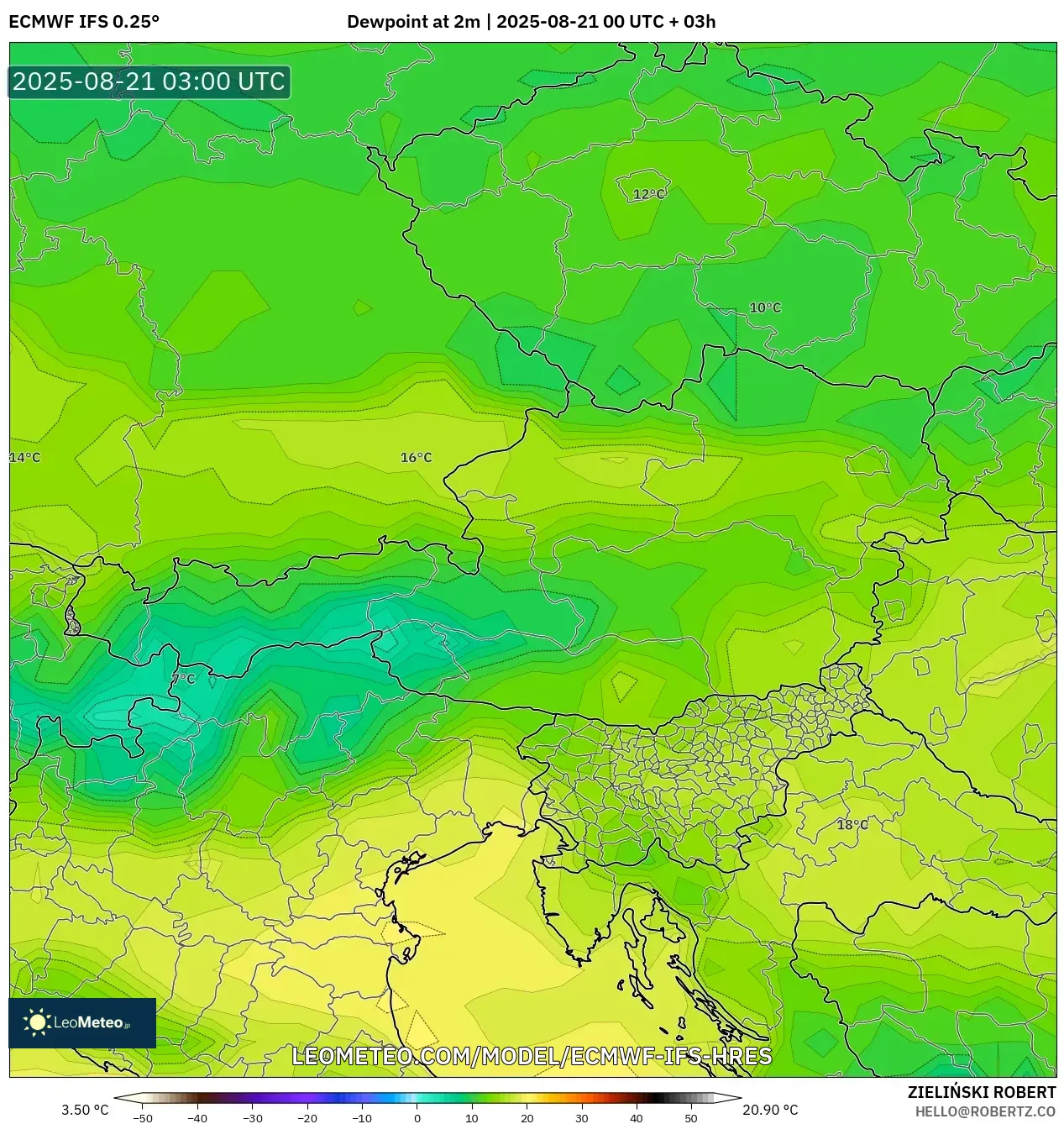 ECMWF IFS 0.25° model - Austria, Dewpoint at 2m