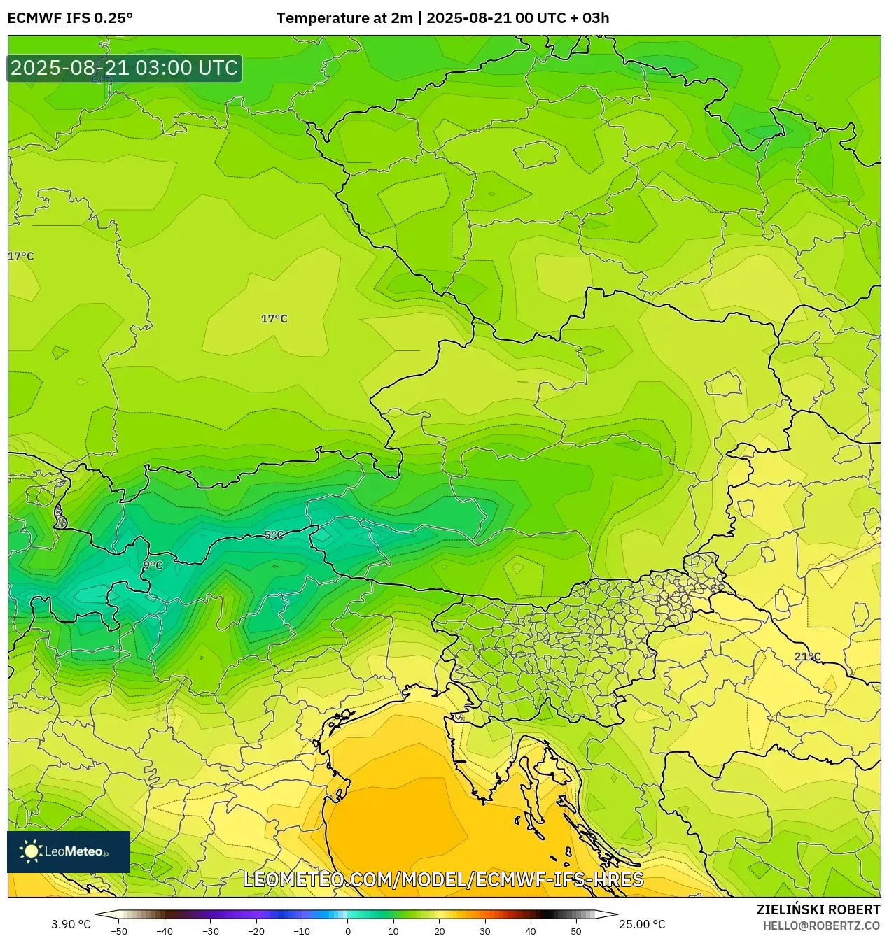 ECMWF IFS 0.25° model - Austria, Temperature at 2m ECMWF IFS 0.25° model - Austria, Temperature at 2m