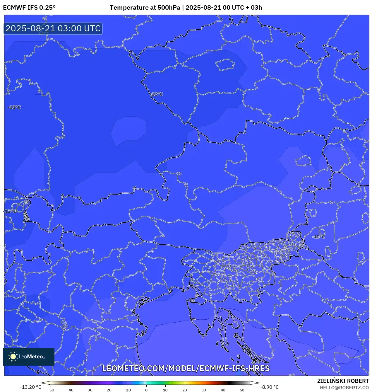 ECMWF IFS 0.25° model - Austria, Temperature at 500hPa