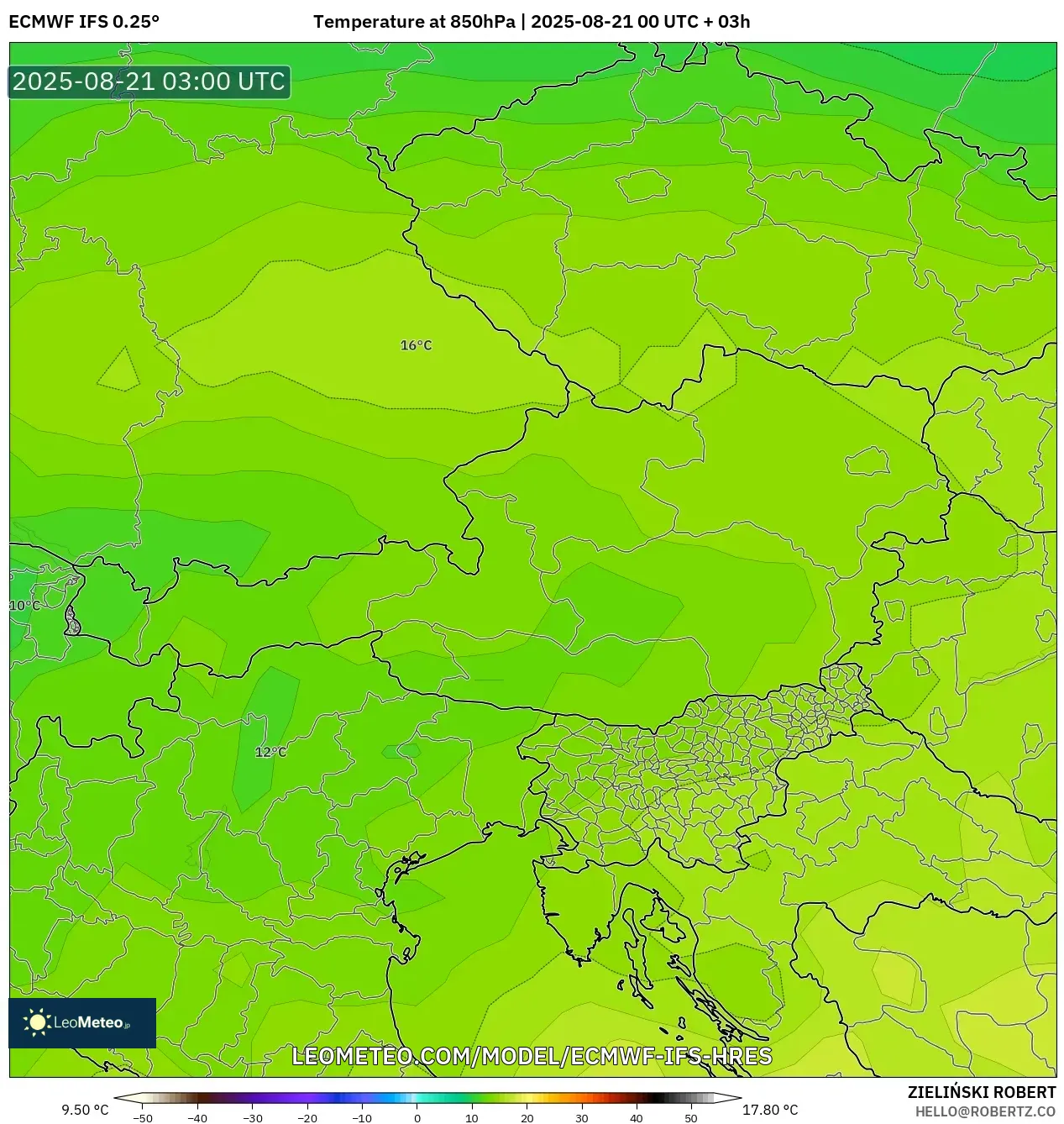 ECMWF IFS 0.25° model - Austria, Temperature at 850hPa