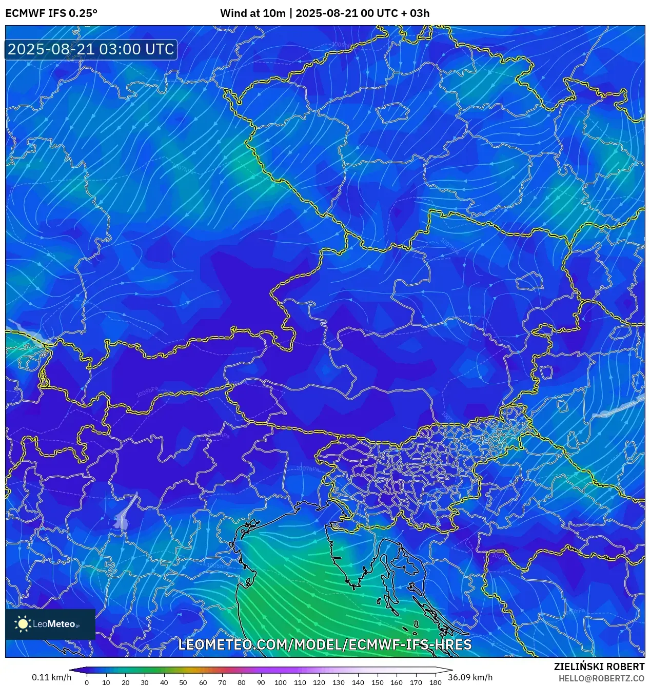 ECMWF IFS 0.25° model - Austria, Wind at 10m
