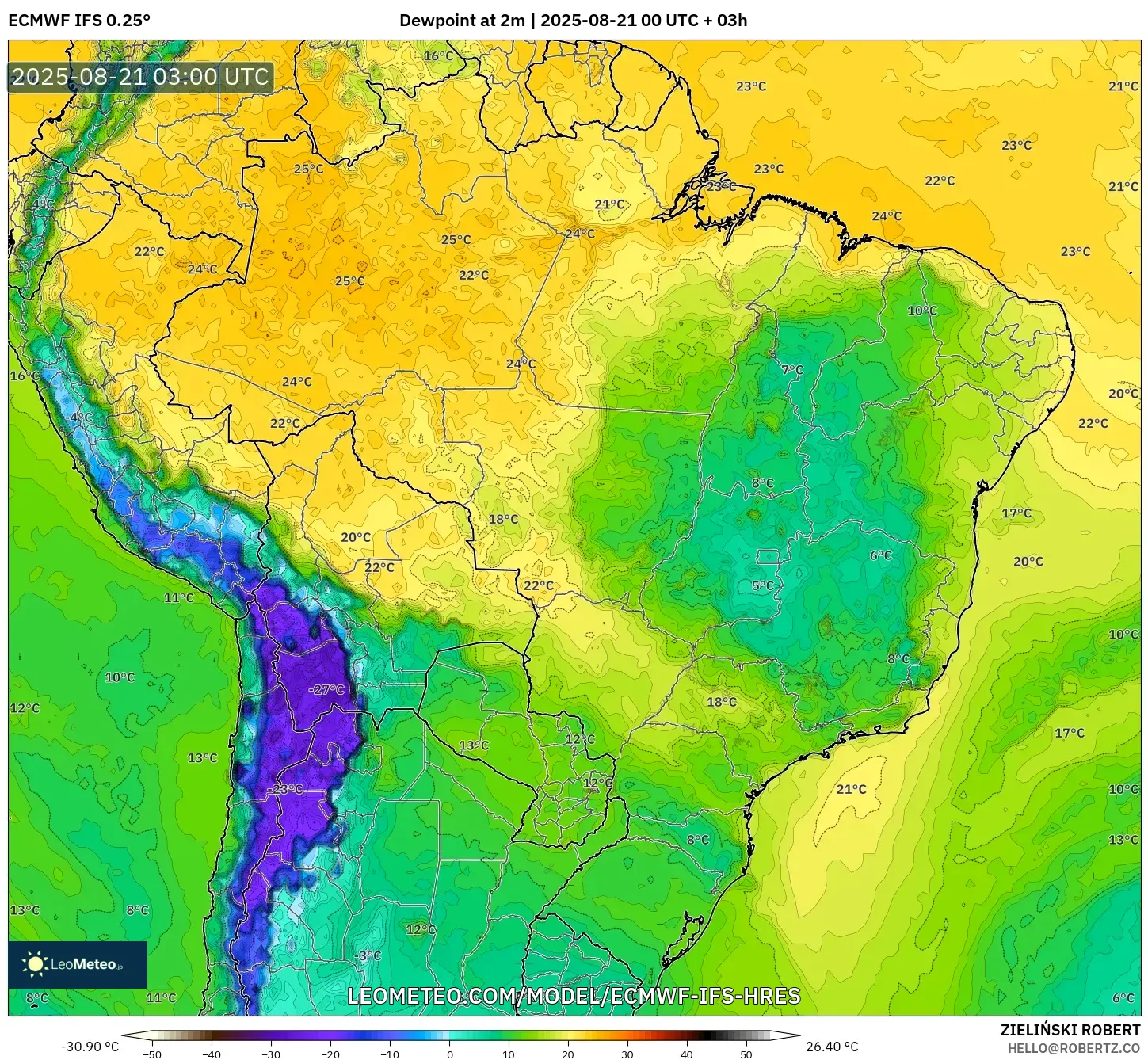 ECMWF IFS 0.25° model - Brazil, Dewpoint at 2m