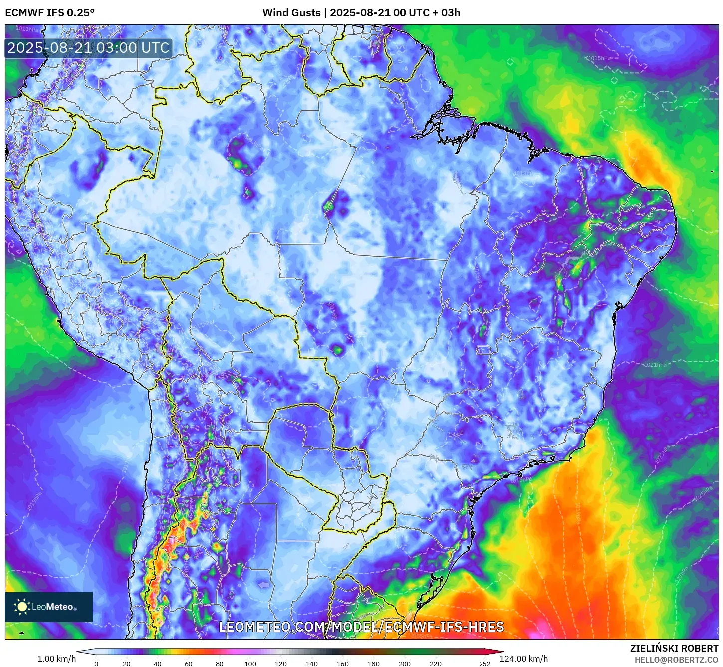 ECMWF IFS 0.25° model - Brazil, Wind Gusts ECMWF IFS 0.25° model - Brazil, Wind Gusts