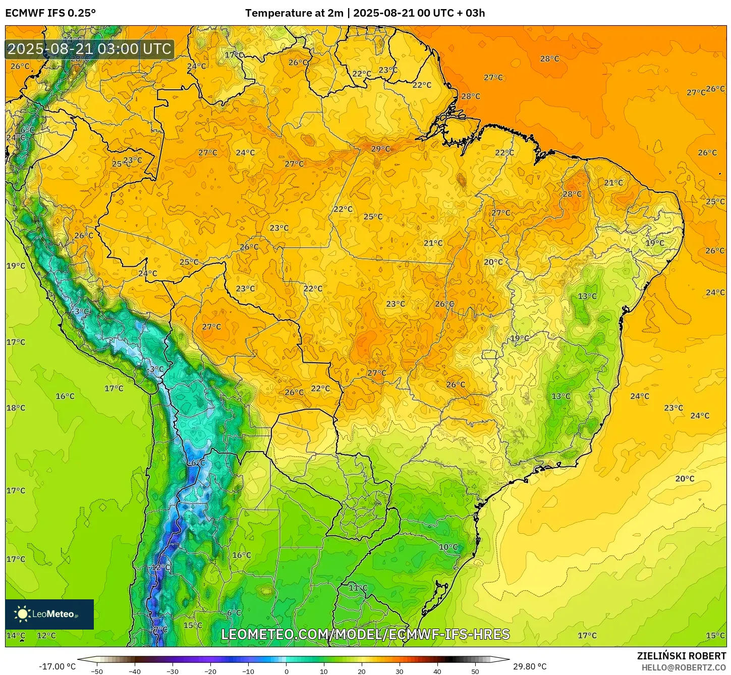 ECMWF IFS 0.25° model - Brazil, Temperature at 2m