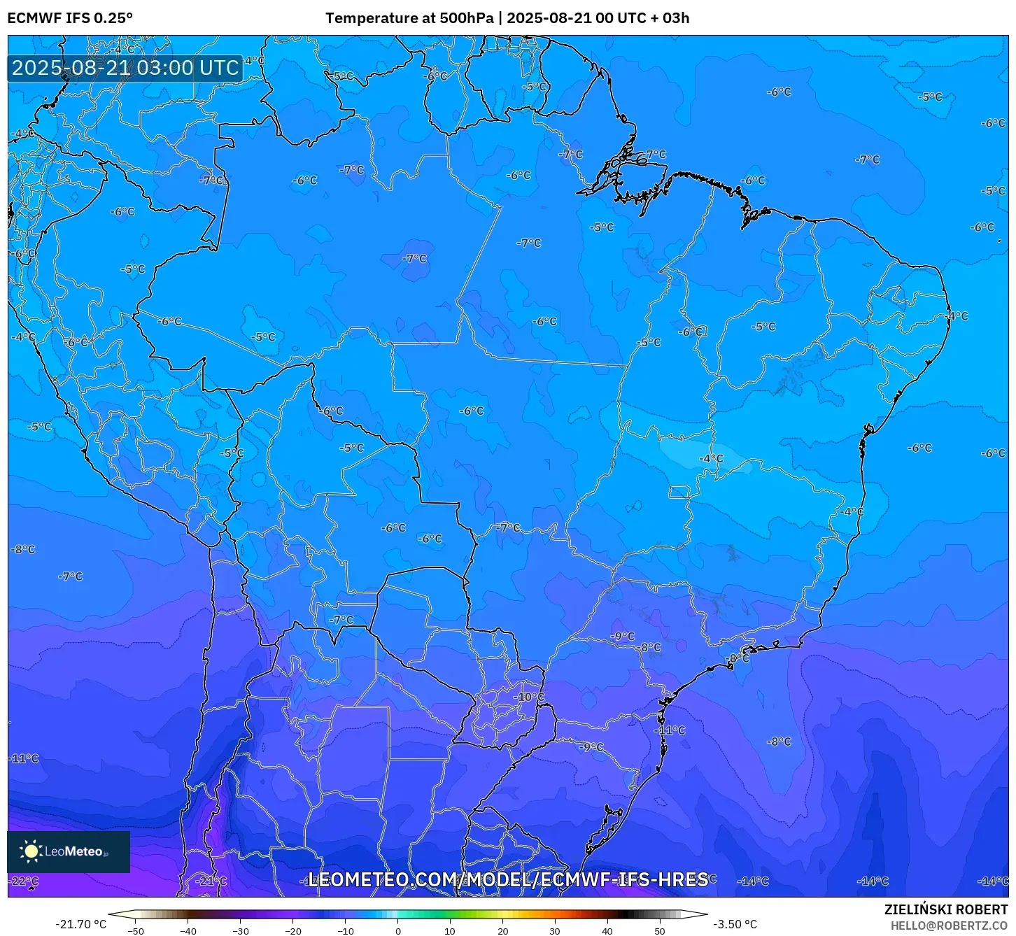 ECMWF IFS 0.25° model - Brazil, Temperature at 500hPa