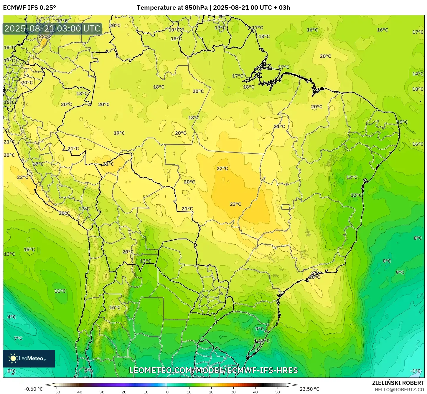 ECMWF IFS 0.25° model - Brazil, Temperature at 850hPa