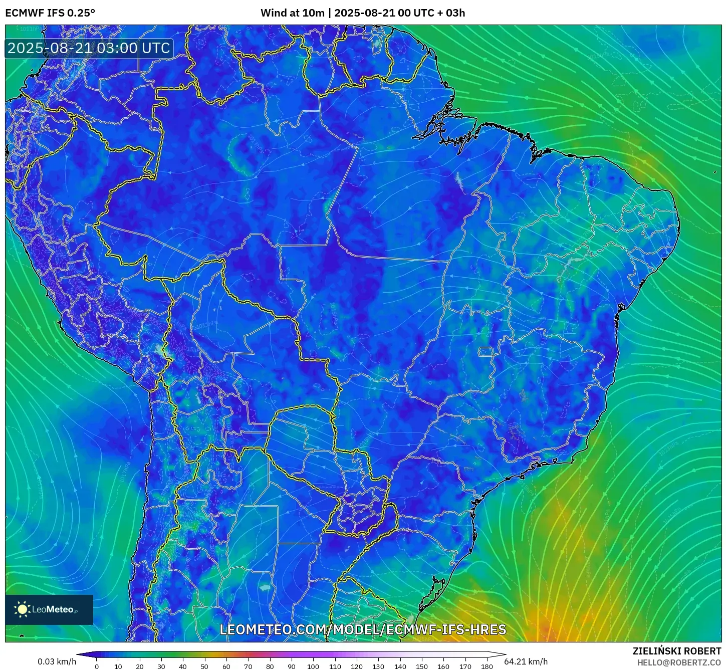 ECMWF IFS 0.25° model - Brazil, Wind at 10m ECMWF IFS 0.25° model - Brazil, Wind at 10m