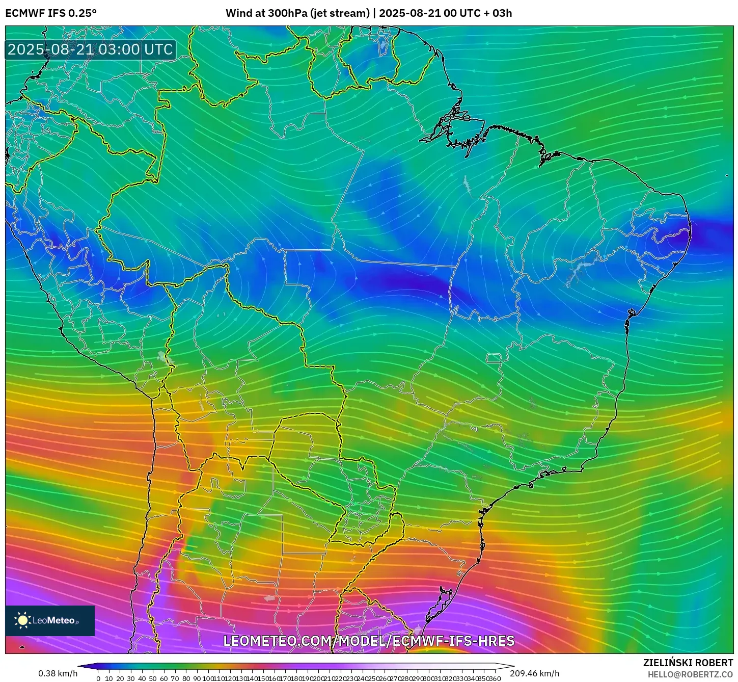 ECMWF IFS 0.25° model - Brazil, Wind at 300hPa (jet stream)