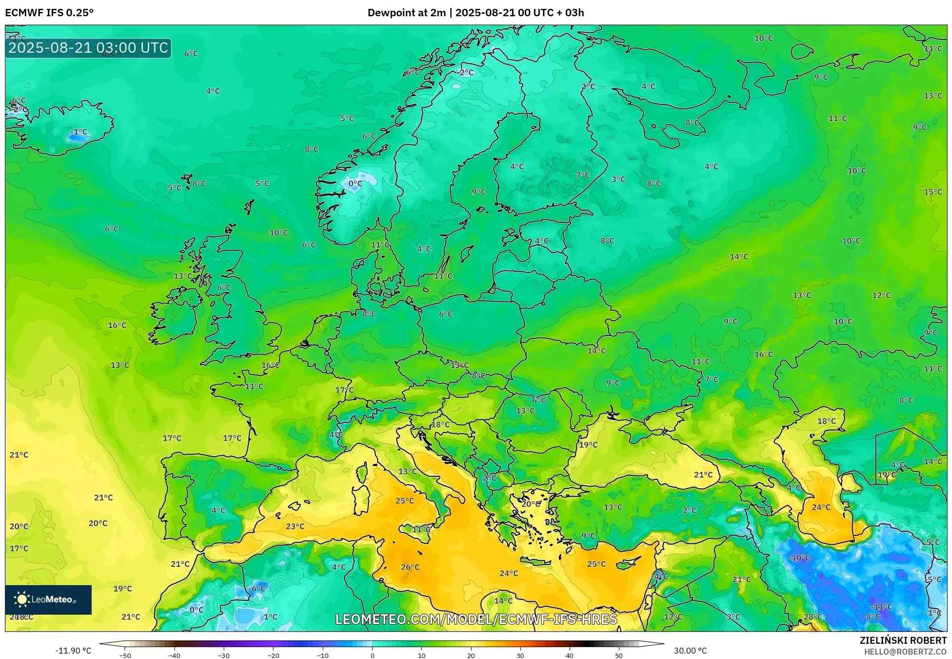 ECMWF IFS 0.25° model - Europe, Dewpoint at 2m