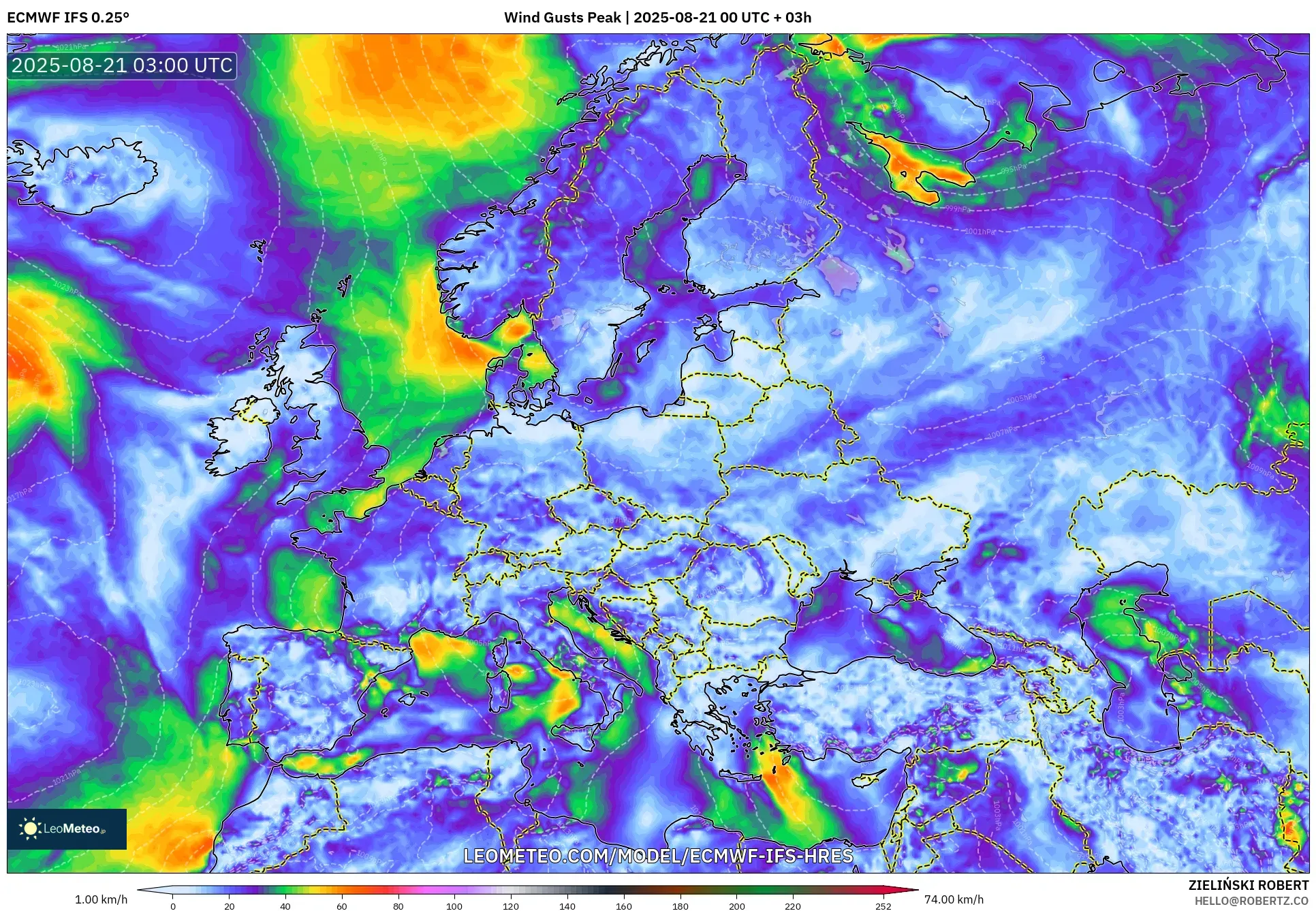 ECMWF IFS 0.25° model - Europe, Wind Gusts Peak