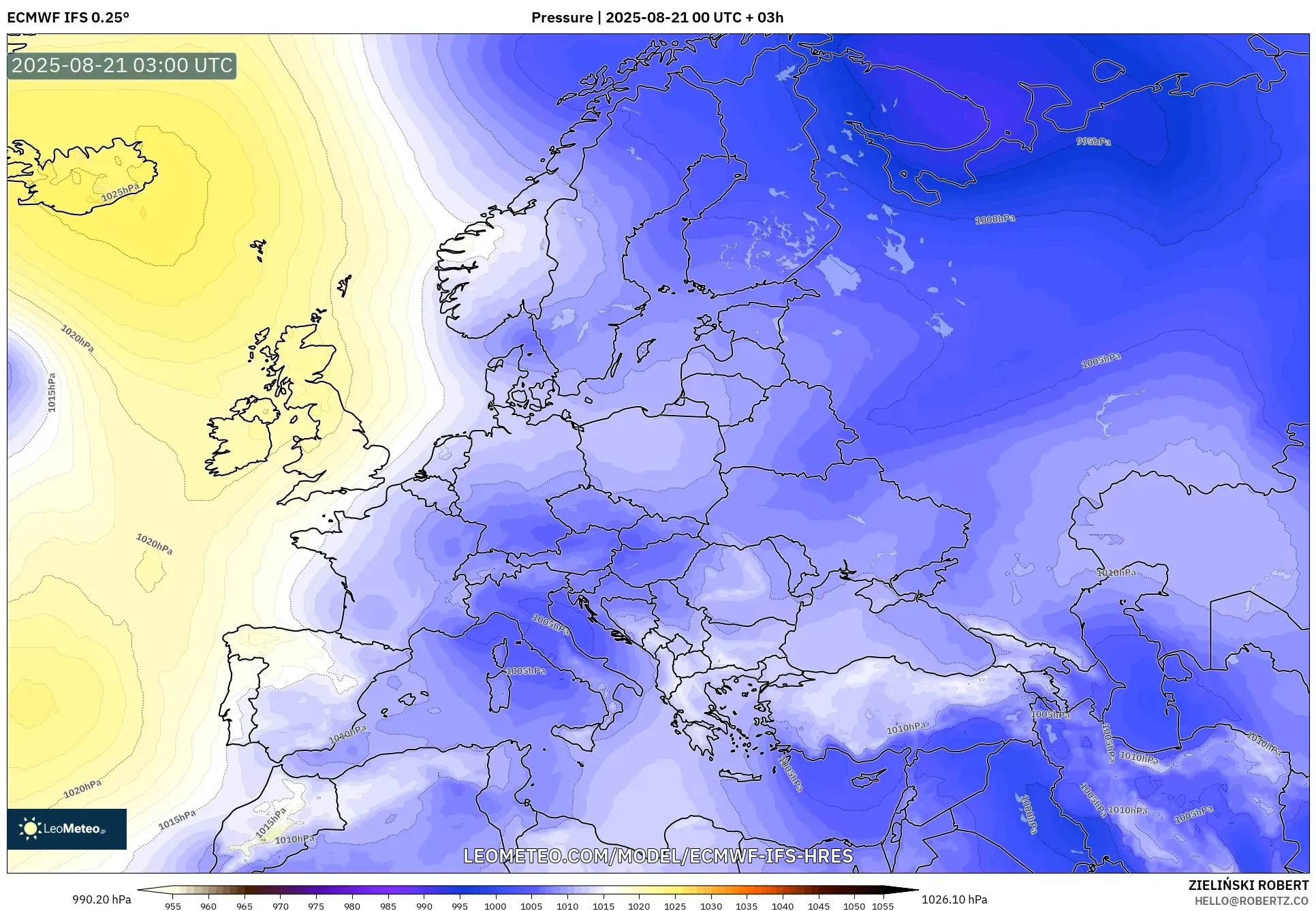 ECMWF IFS 0.25° model - Europe, Pressure