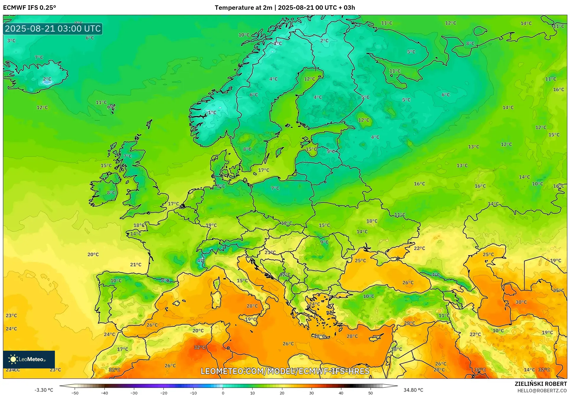 ECMWF IFS 0.25° model - Europe, Temperature at 2m