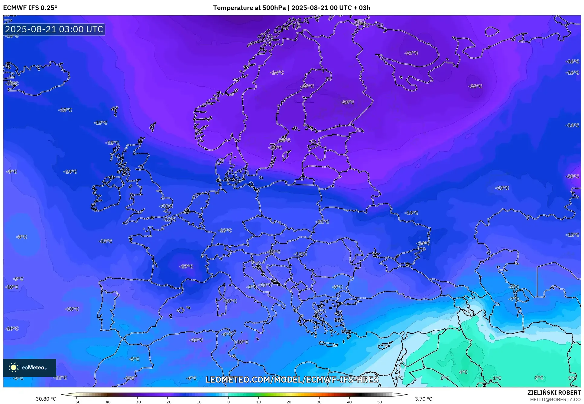ECMWF IFS 0.25° model - Europe, Temperature at 500hPa