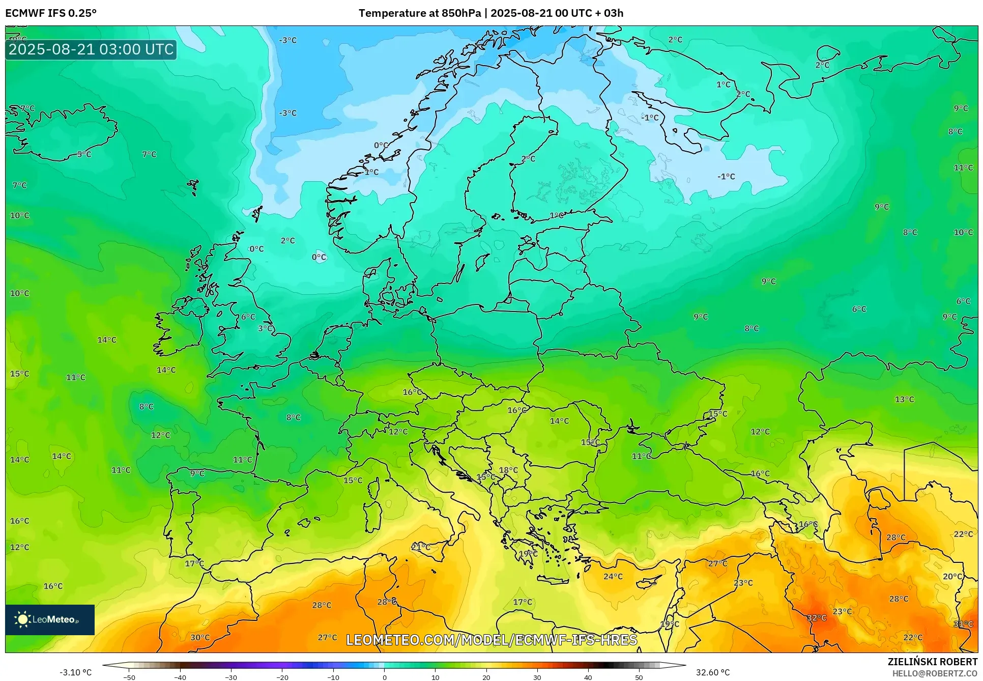 ECMWF IFS 0.25° model - Europe, Temperature at 850hPa