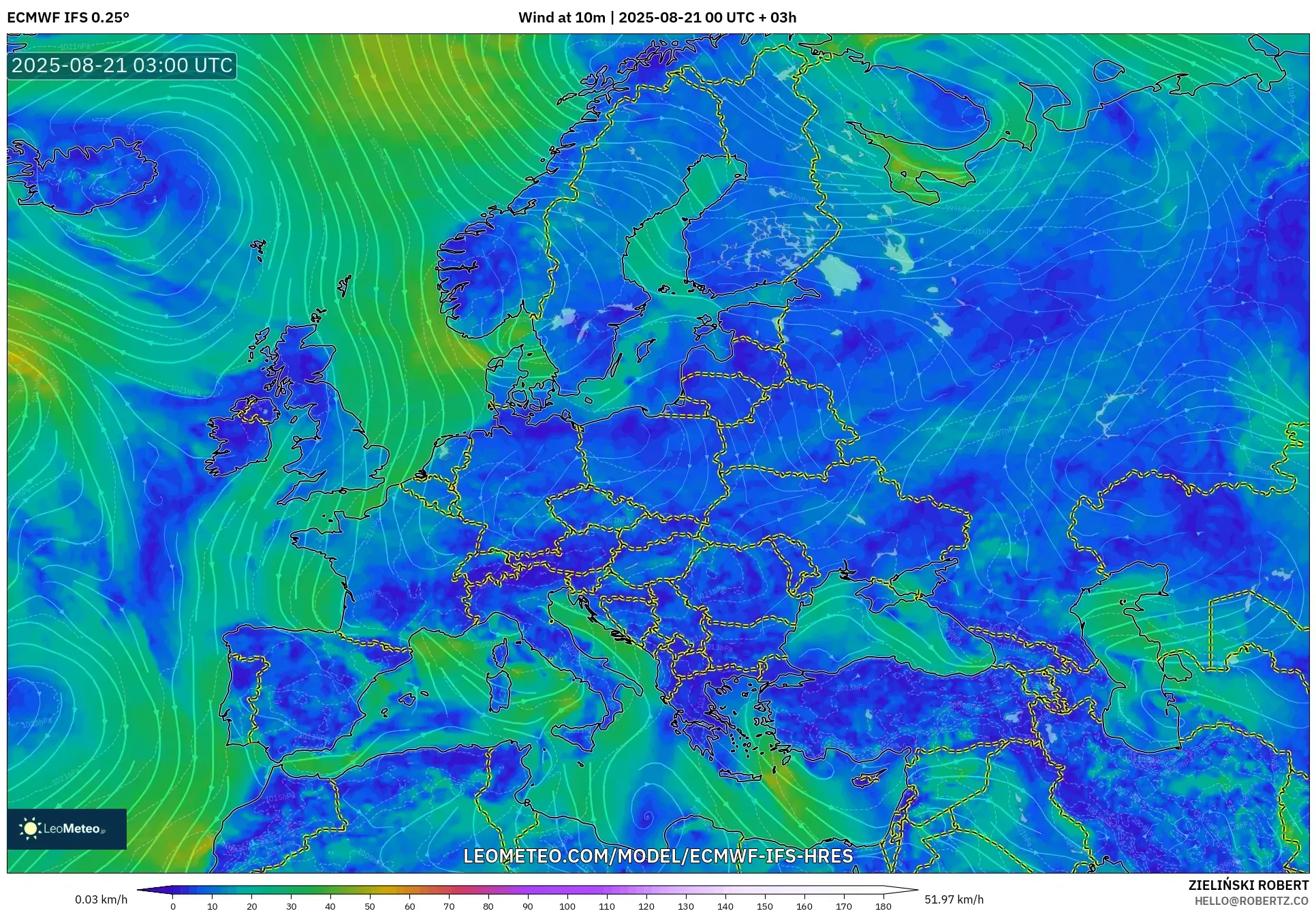 ECMWF IFS 0.25° model - Europe, Wind at 10m