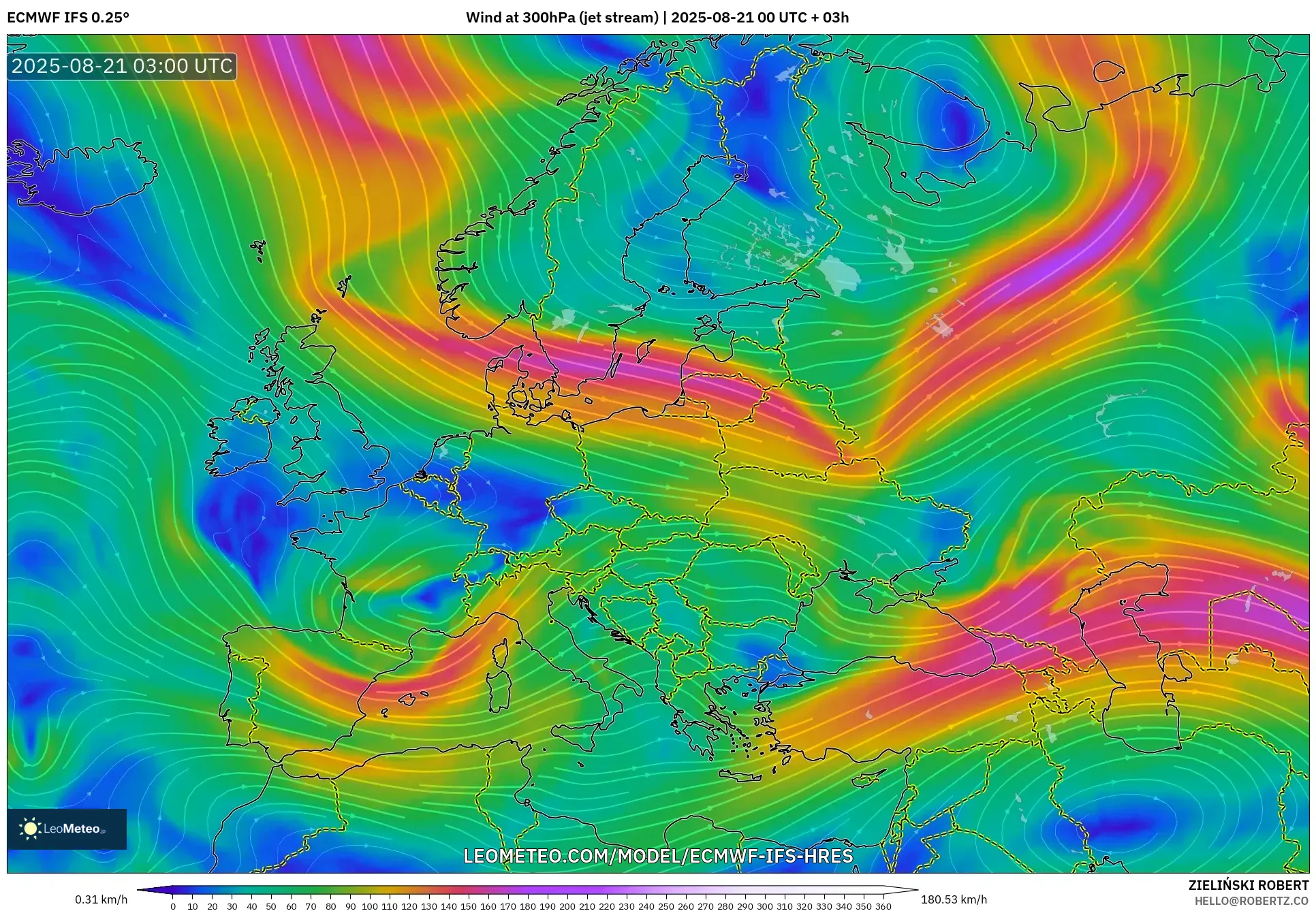 ECMWF IFS 0.25° model - Europe, Wind at 300hPa (jet stream)