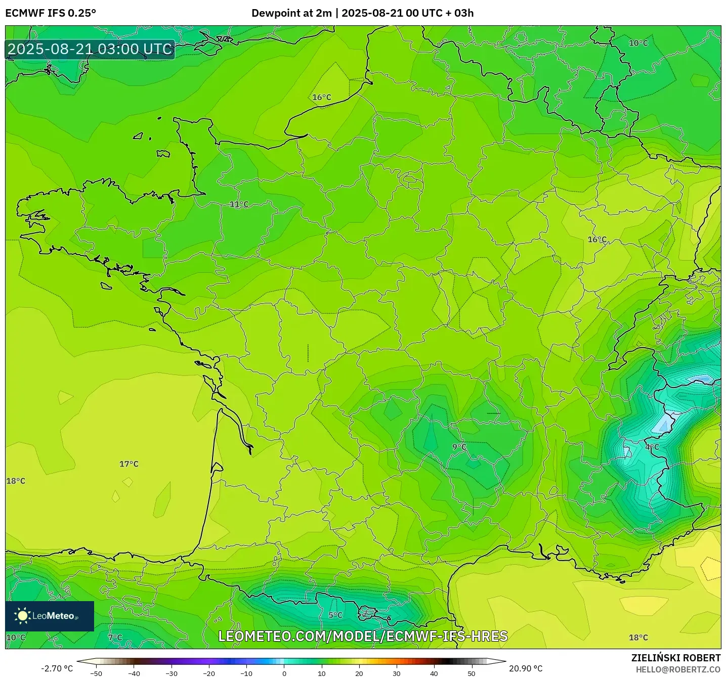 ECMWF IFS 0.25° model - France, Dewpoint at 2m