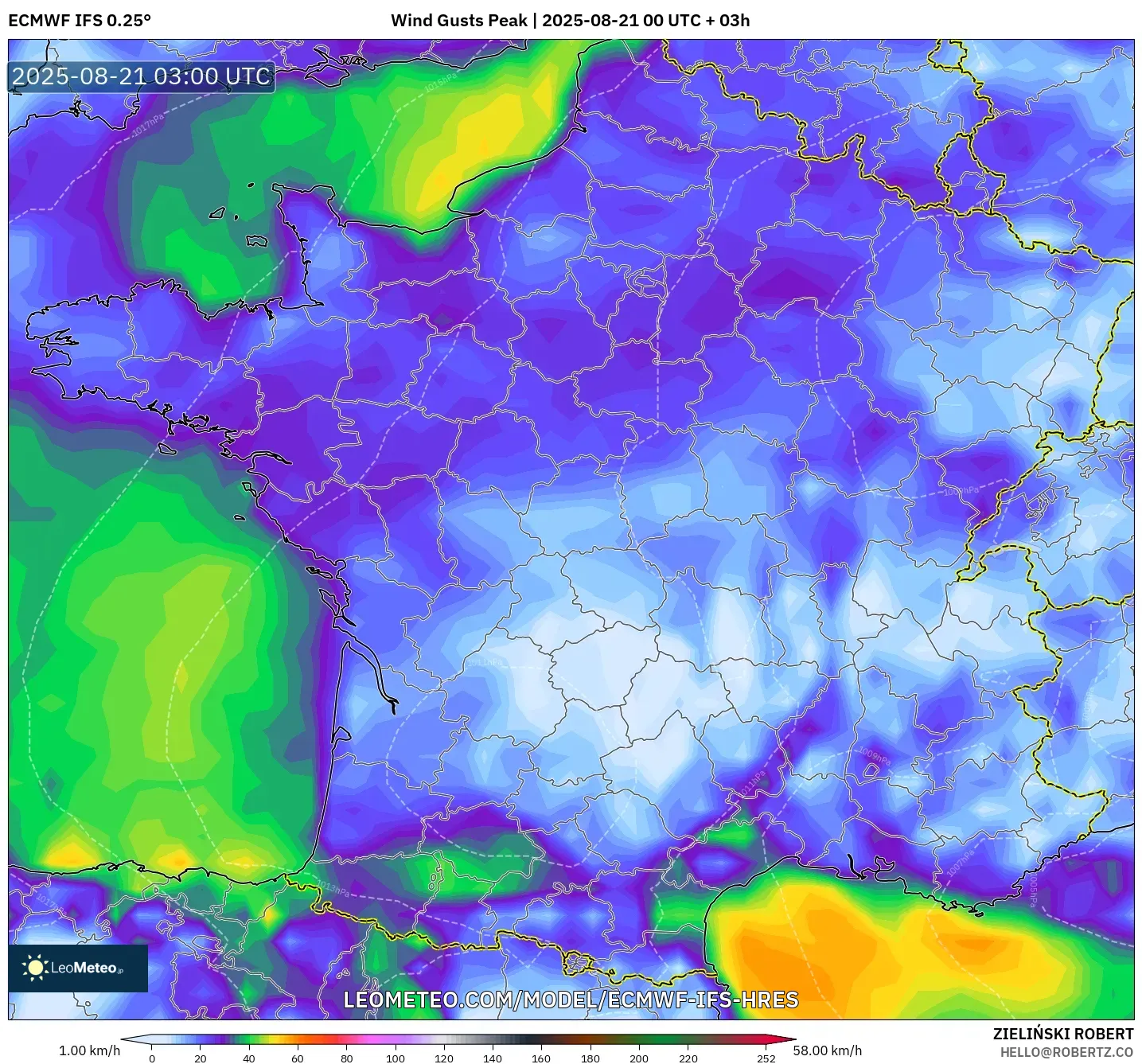 ECMWF IFS 0.25° model - France, Wind Gusts Peak