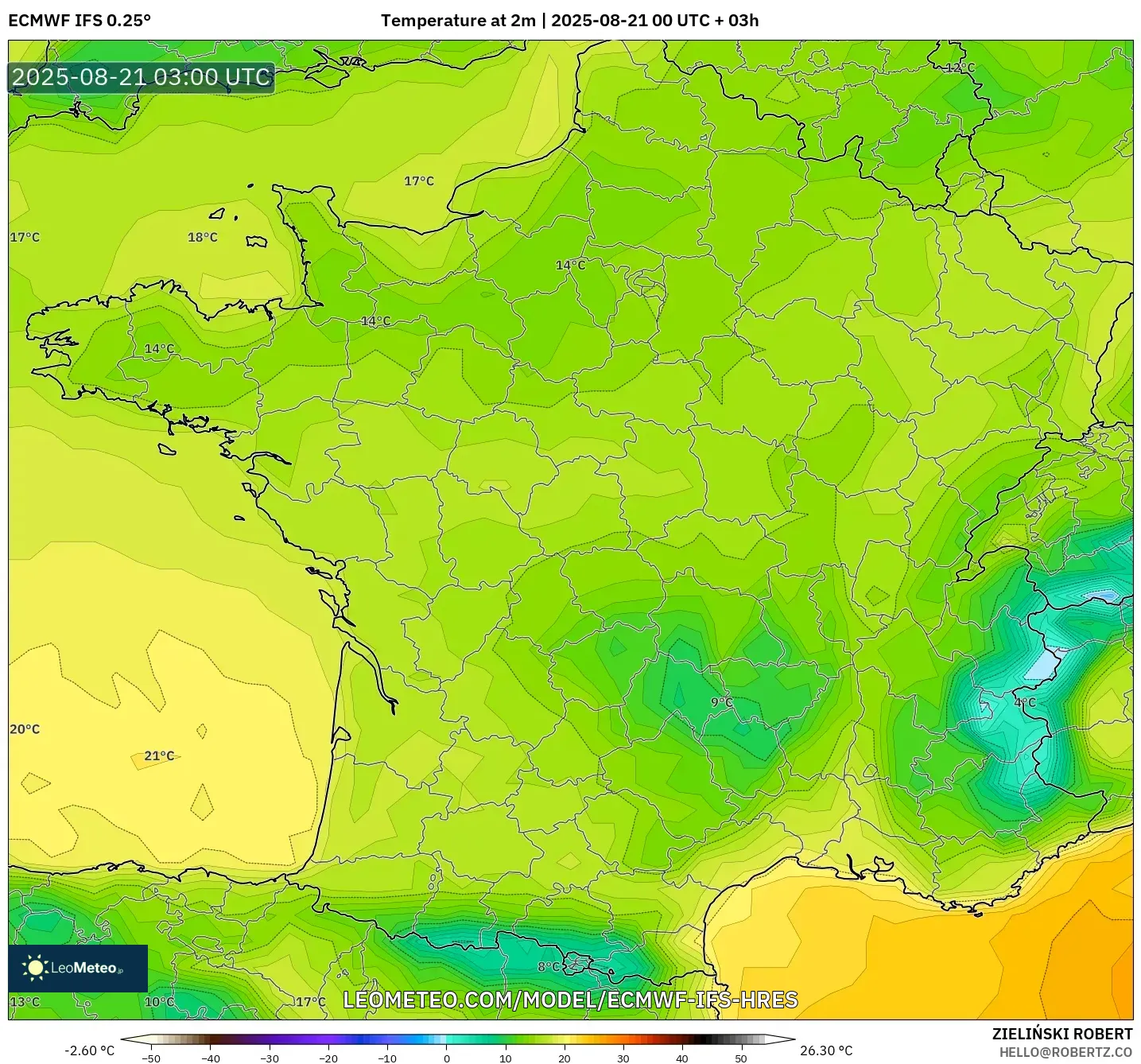 ECMWF IFS 0.25° model - France, Temperature at 2m