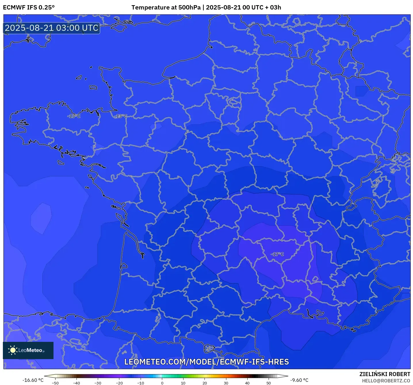 ECMWF IFS 0.25° model - France, Temperature at 500hPa
