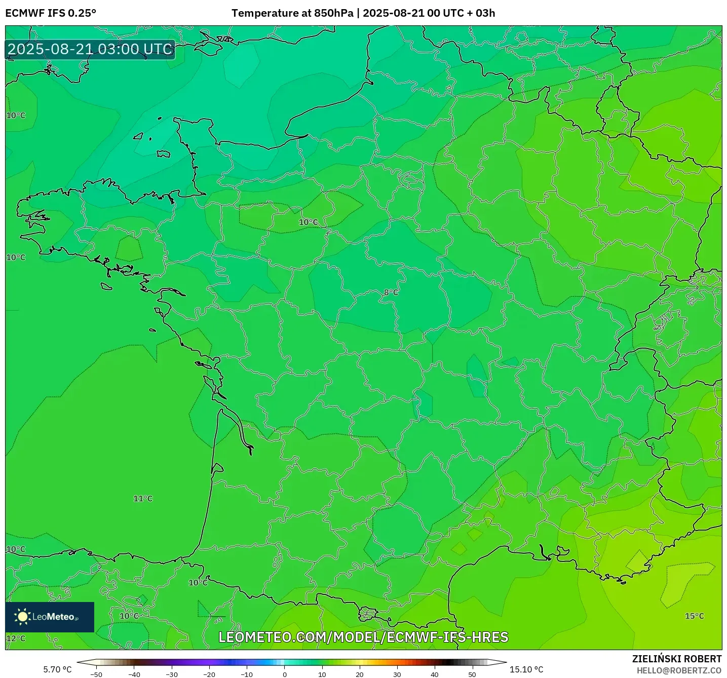 ECMWF IFS 0.25° model - France, Temperature at 850hPa