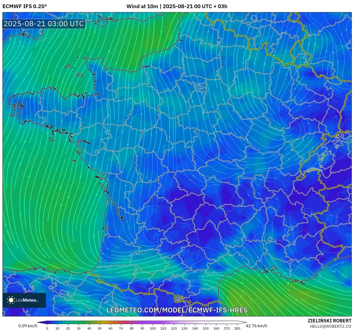 ECMWF IFS 0.25° model - France, Wind at 10m