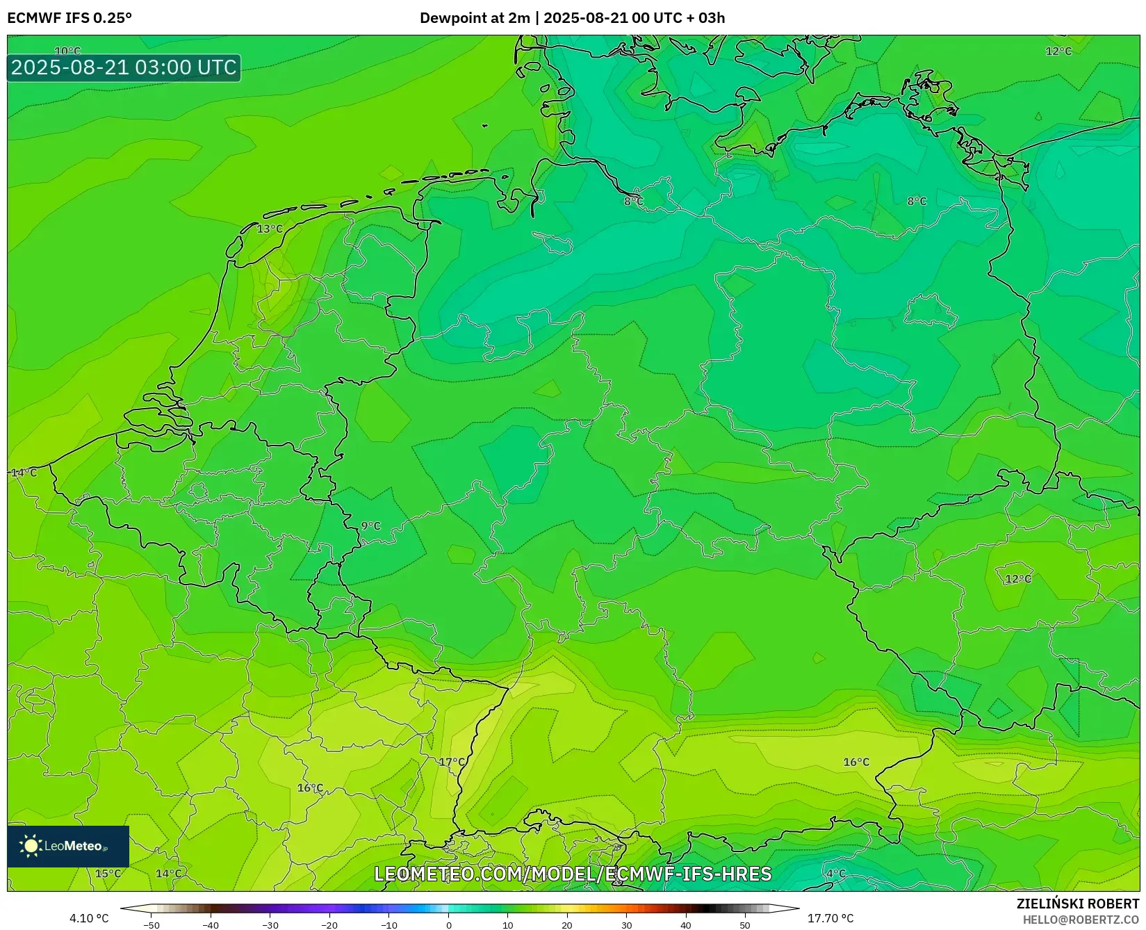ECMWF IFS 0.25° model - Germany, Dewpoint at 2m