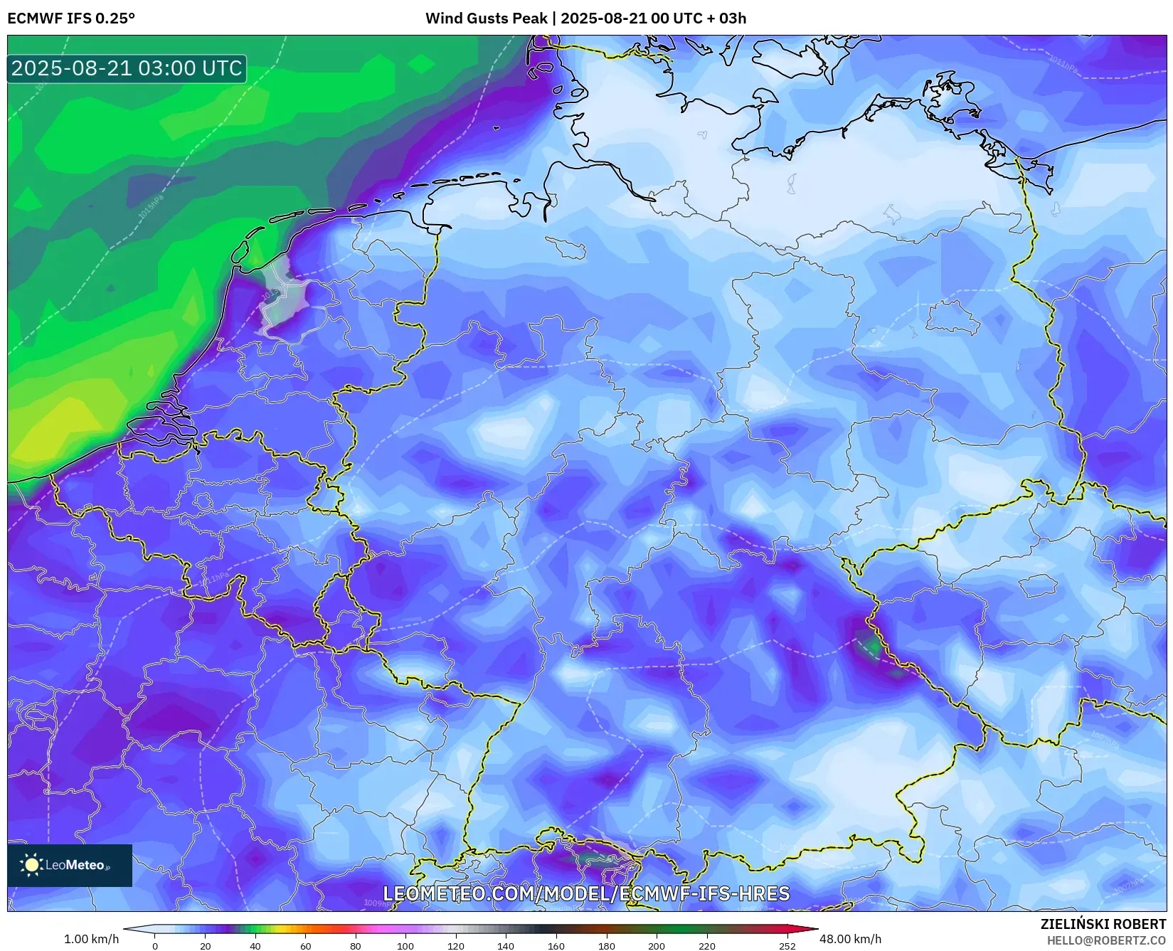 ECMWF IFS 0.25° model - Germany, Wind Gusts Peak