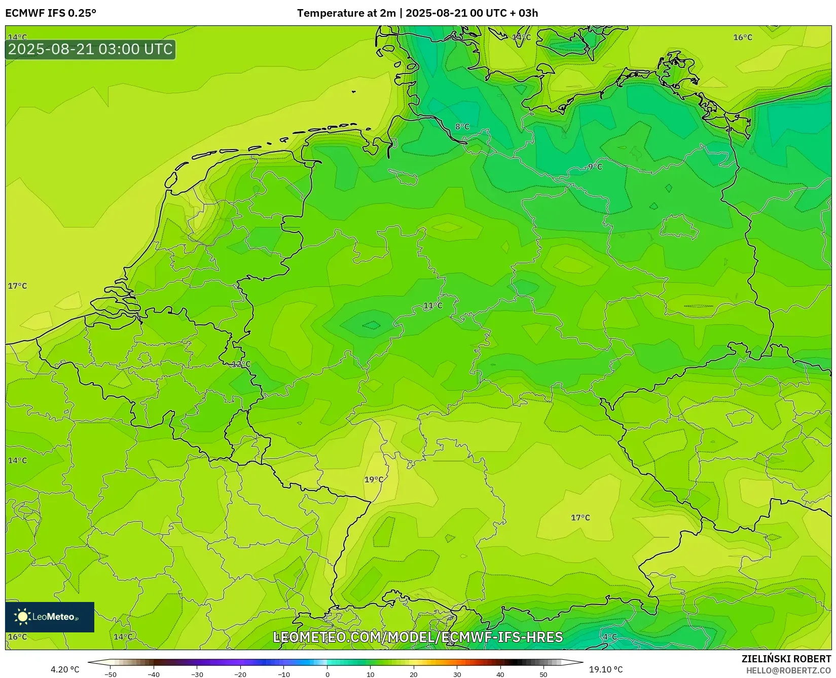 ECMWF IFS 0.25° model - Germany, Temperature at 2m