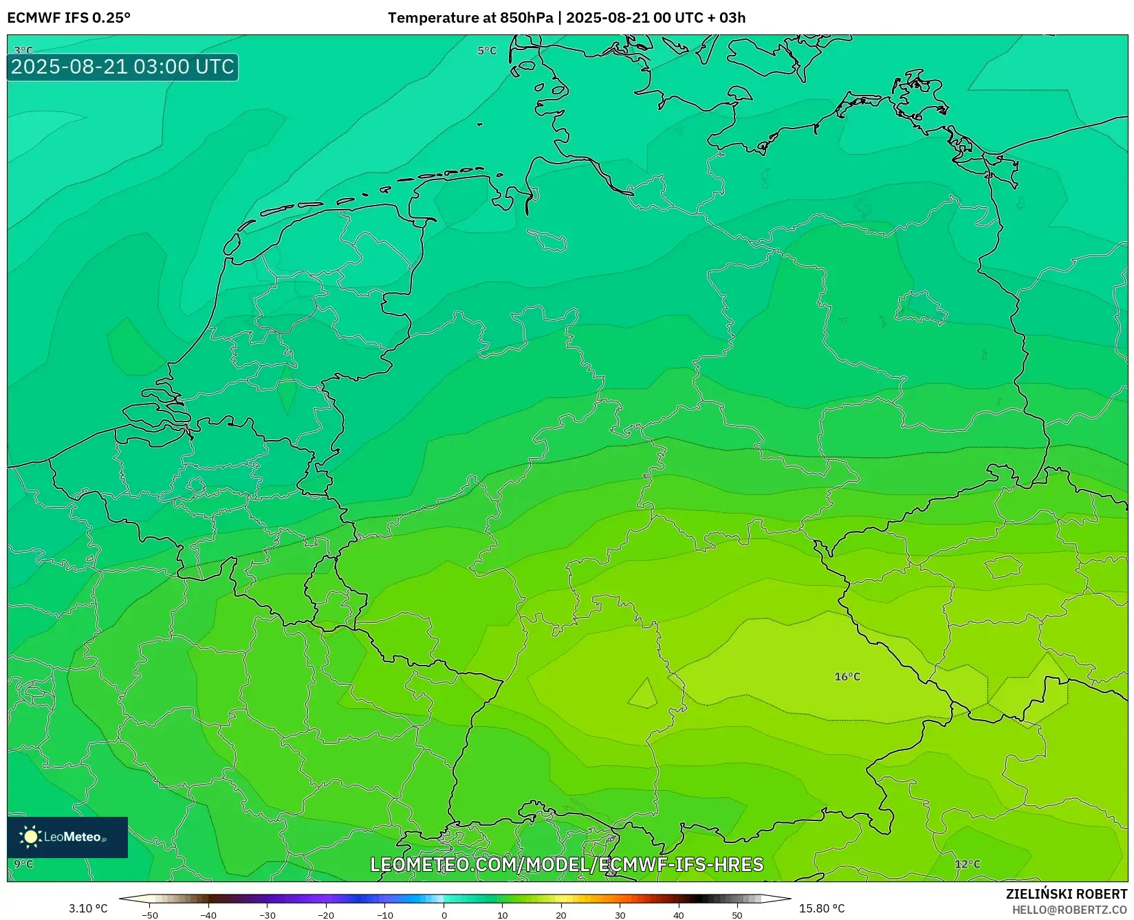 ECMWF IFS 0.25° model - Germany, Temperature at 850hPa