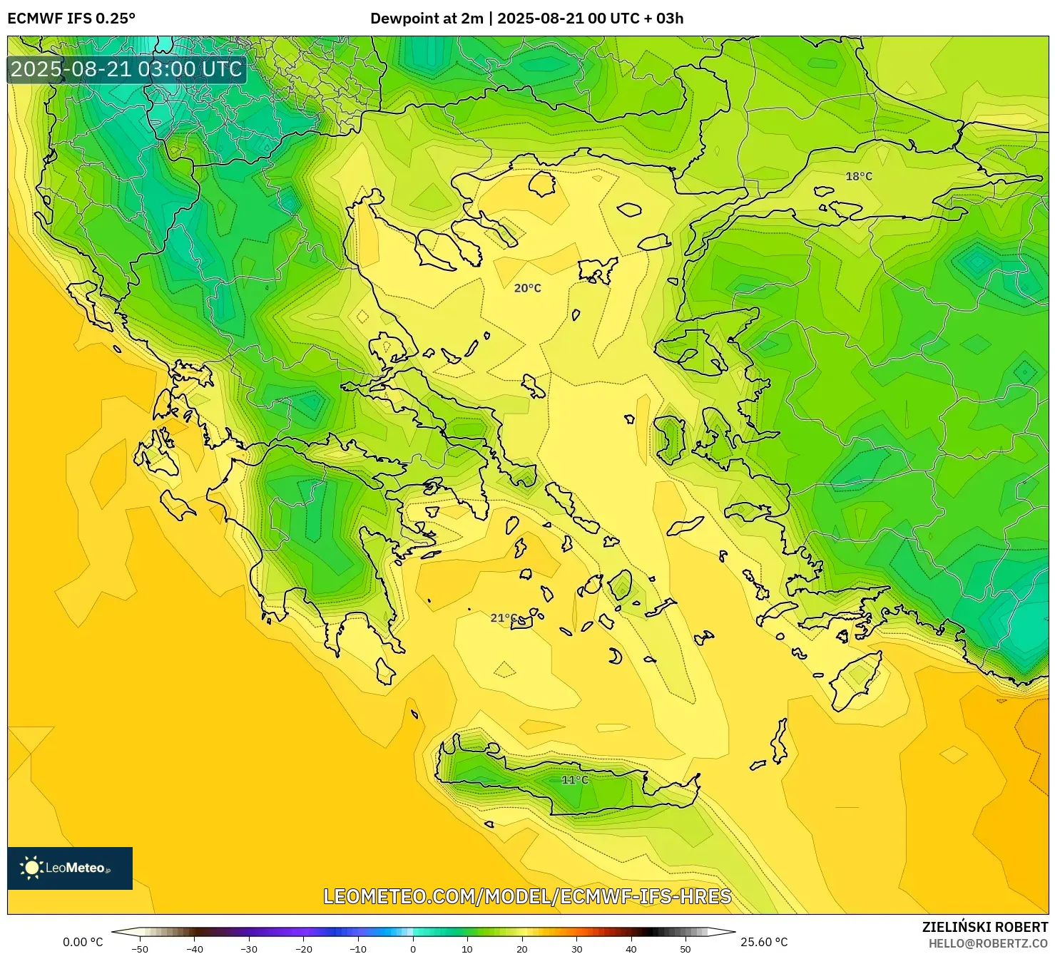 ECMWF IFS 0.25° model - Greece, Dewpoint at 2m