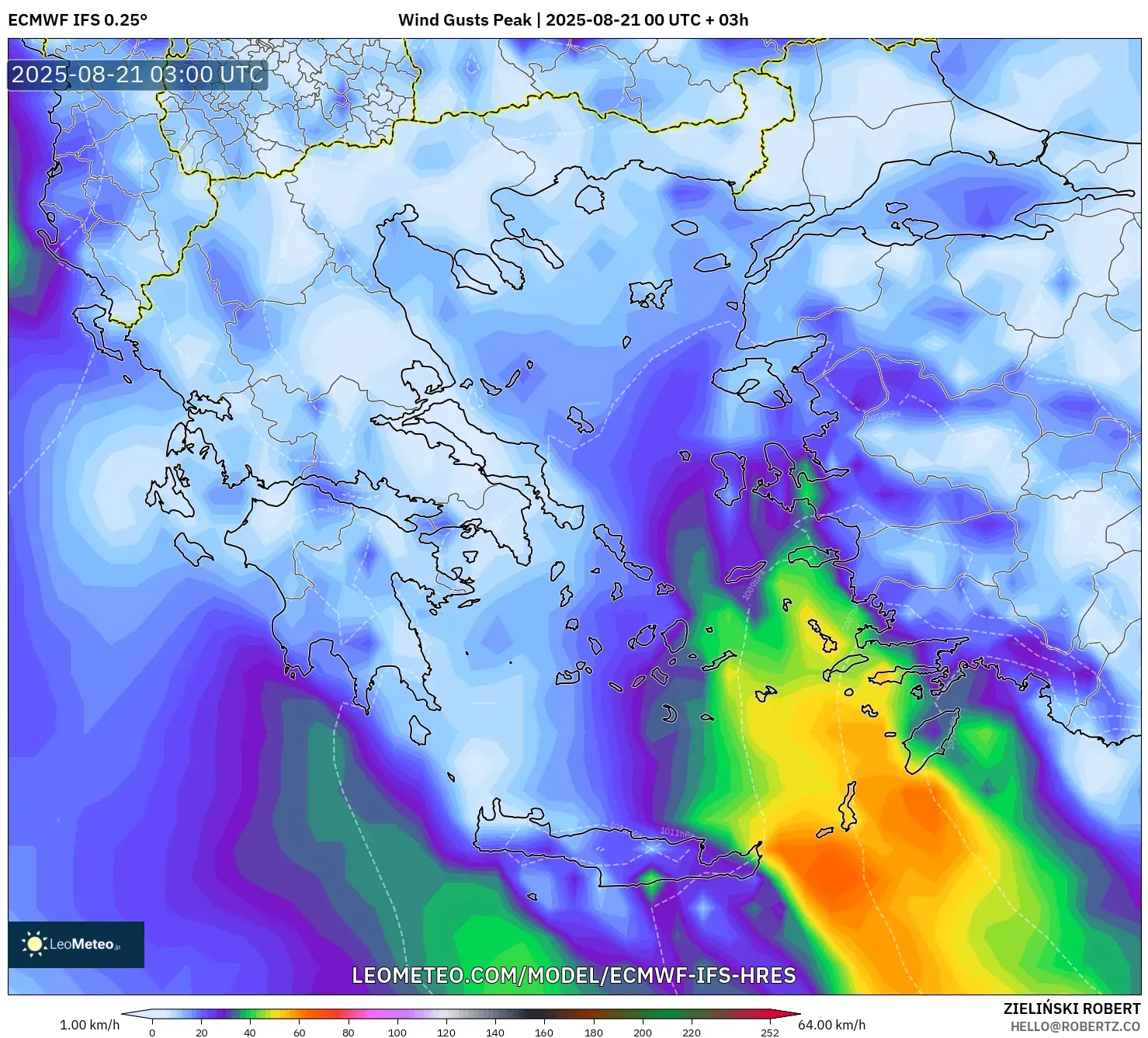 ECMWF IFS 0.25° model - Greece, Wind Gusts Peak