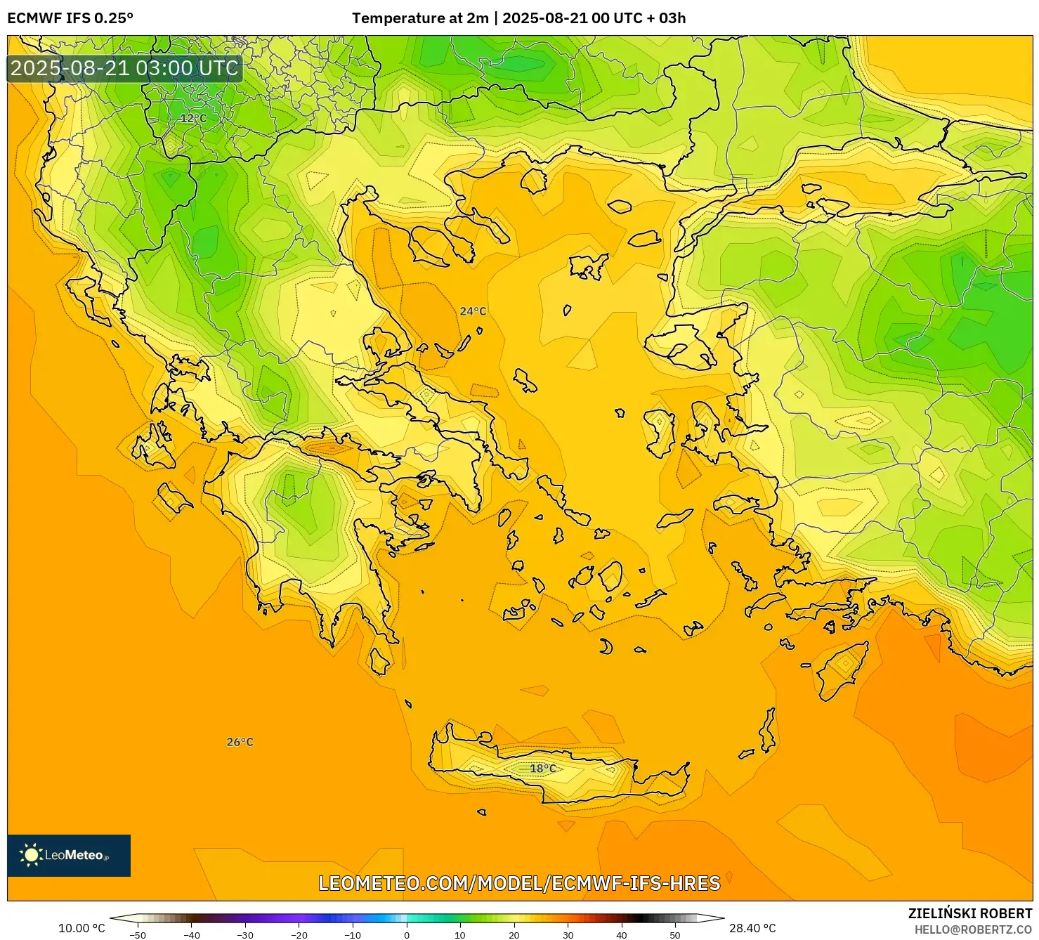 ECMWF IFS 0.25° model - Greece, Temperature at 2m