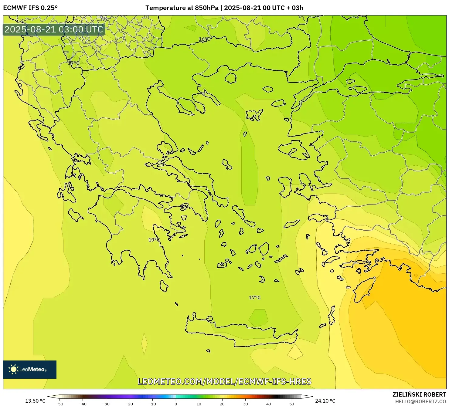 ECMWF IFS 0.25° model - Greece, Temperature at 850hPa