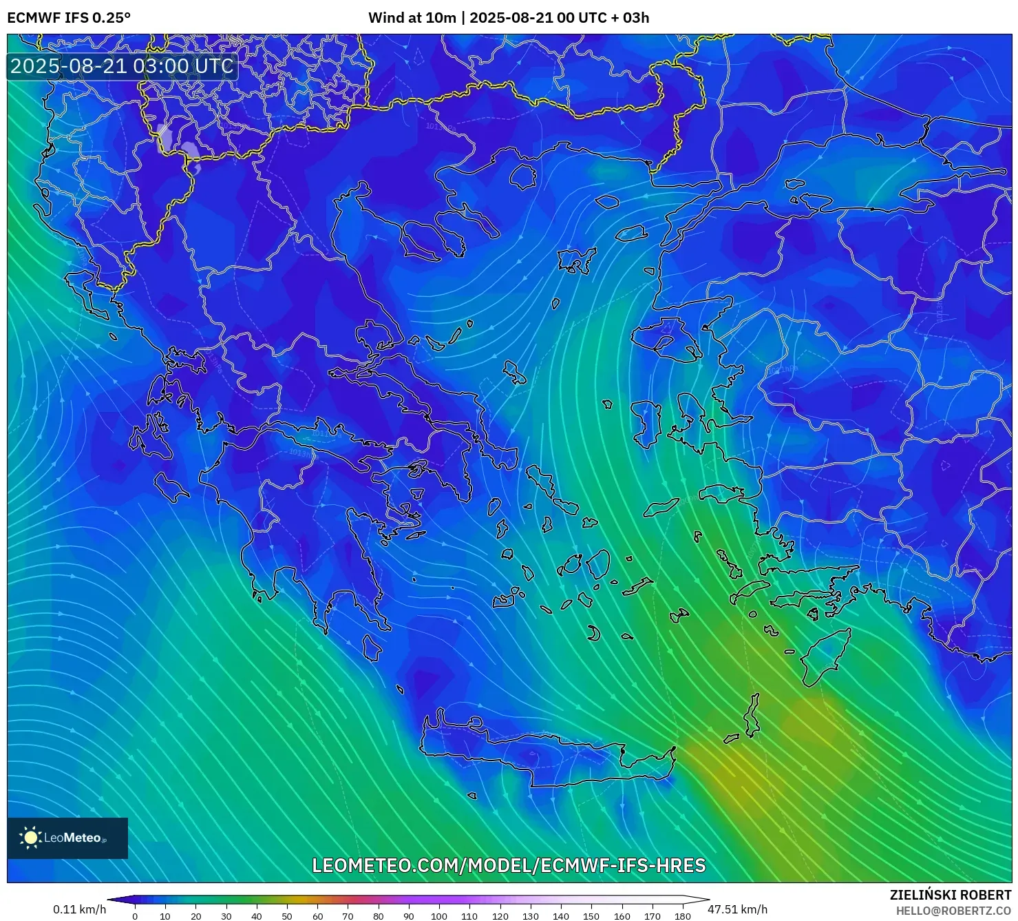 ECMWF IFS 0.25° model - Greece, Wind at 10m