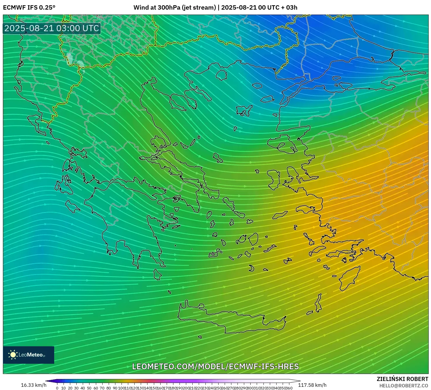 ECMWF IFS 0.25° model - Greece, Wind at 300hPa (jet stream)