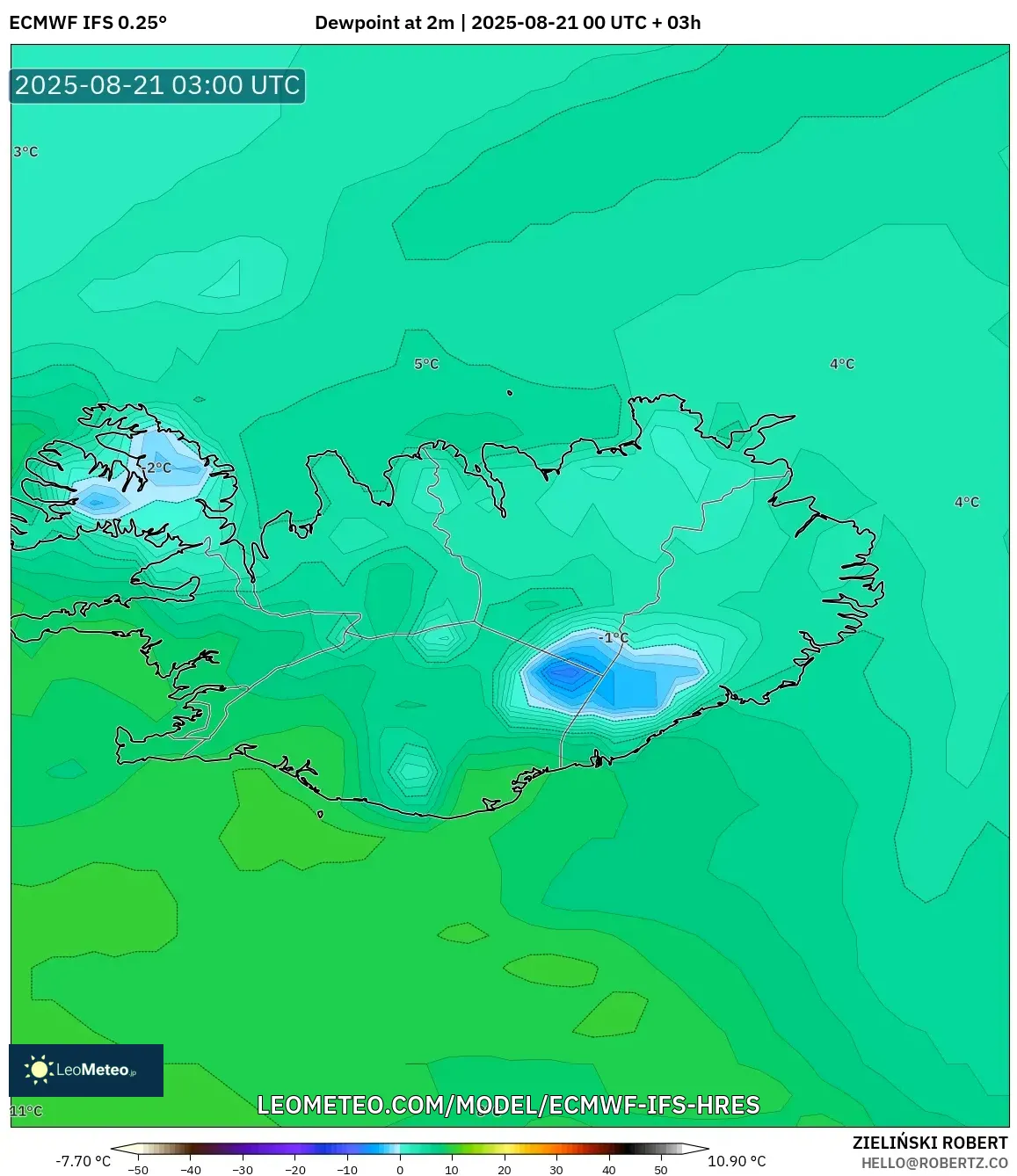 ECMWF IFS 0.25° model - Iceland, Dewpoint at 2m