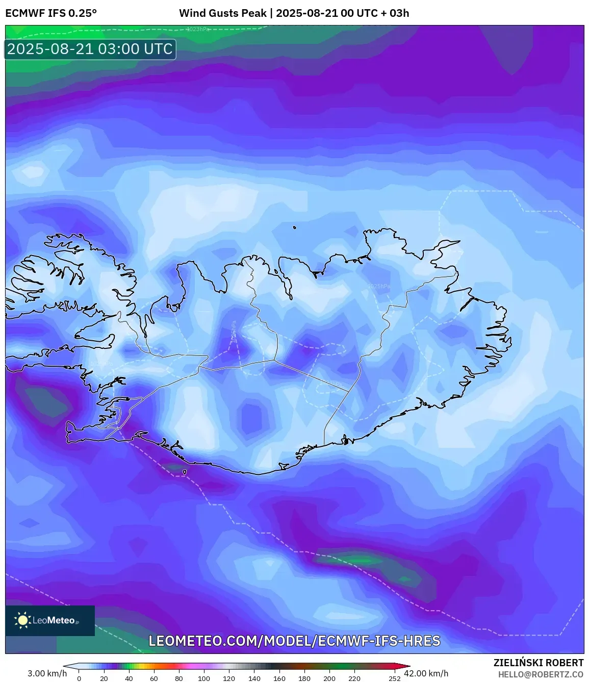 ECMWF IFS 0.25° model - Iceland, Wind Gusts Peak