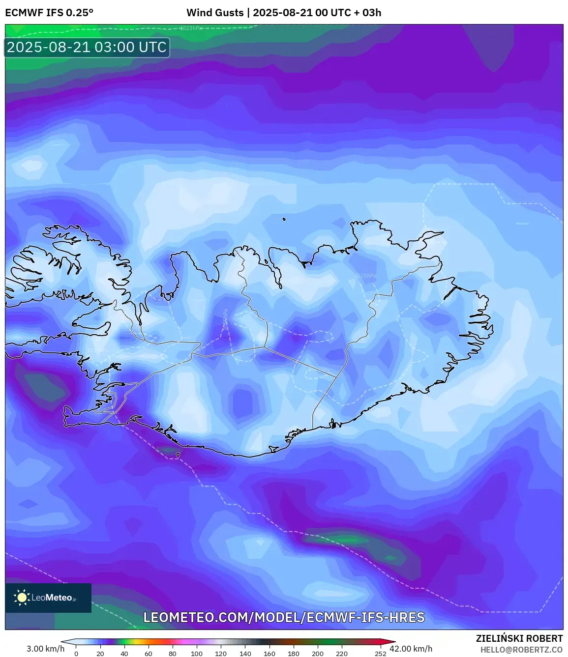 ECMWF IFS 0.25° model - Iceland, Wind Gusts