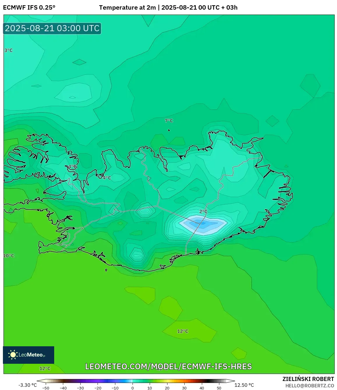 ECMWF IFS 0.25° model - Iceland, Temperature at 2m
