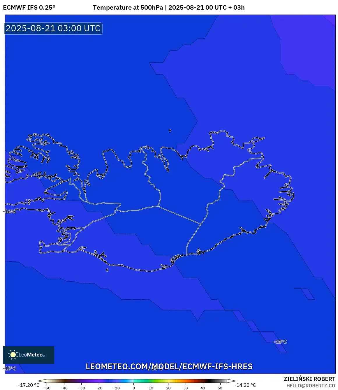 ECMWF IFS 0.25° model - Iceland, Temperature at 500hPa