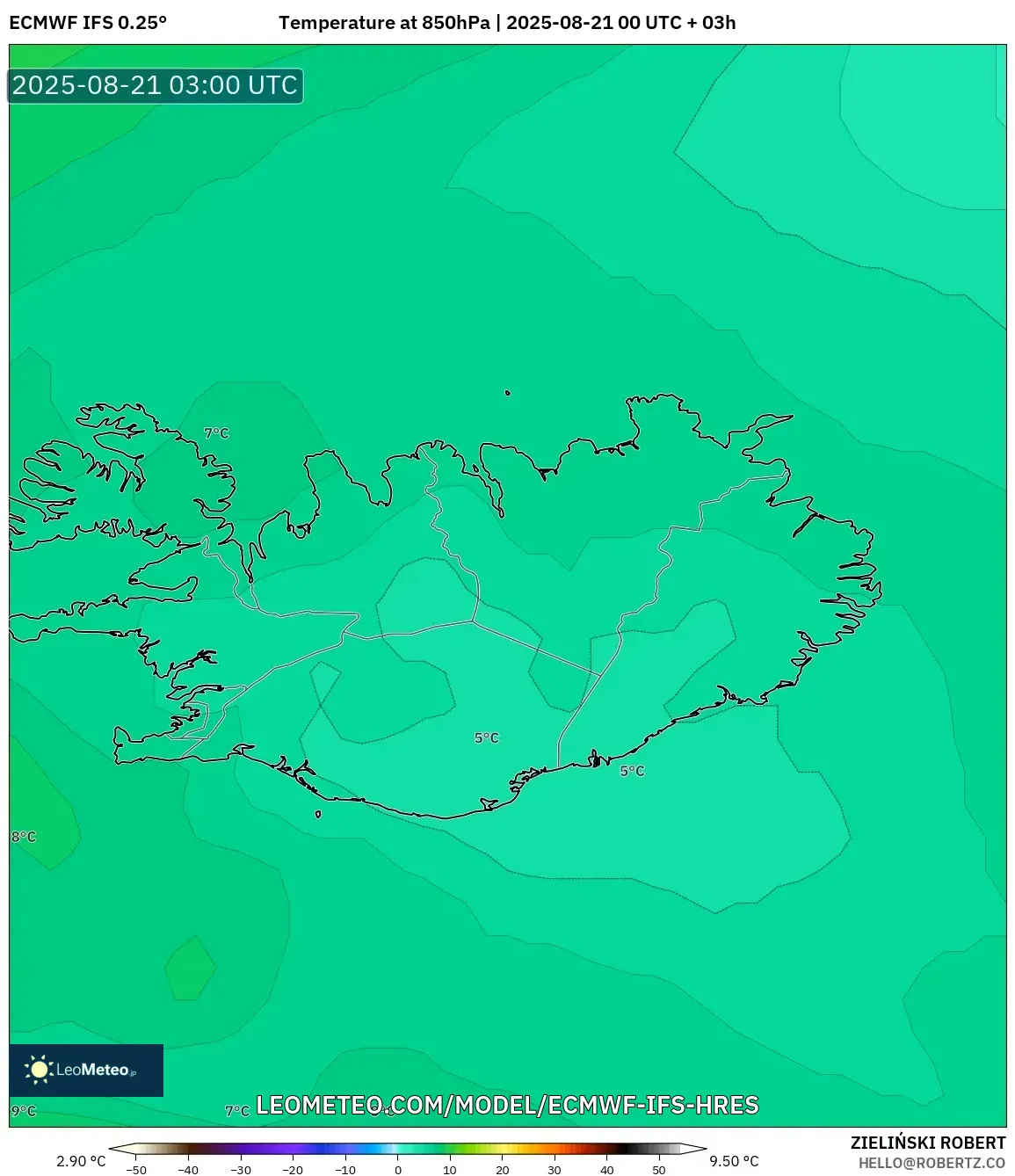 ECMWF IFS 0.25° model - Iceland, Temperature at 850hPa