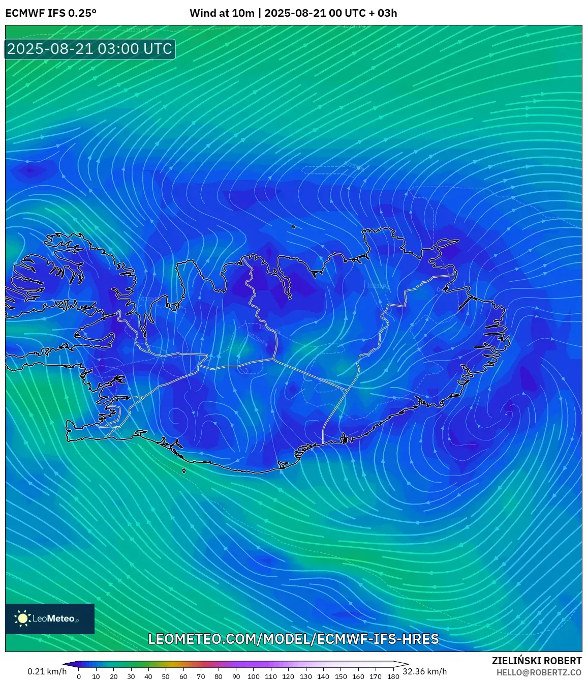 ECMWF IFS 0.25° model - Iceland, Wind at 10m