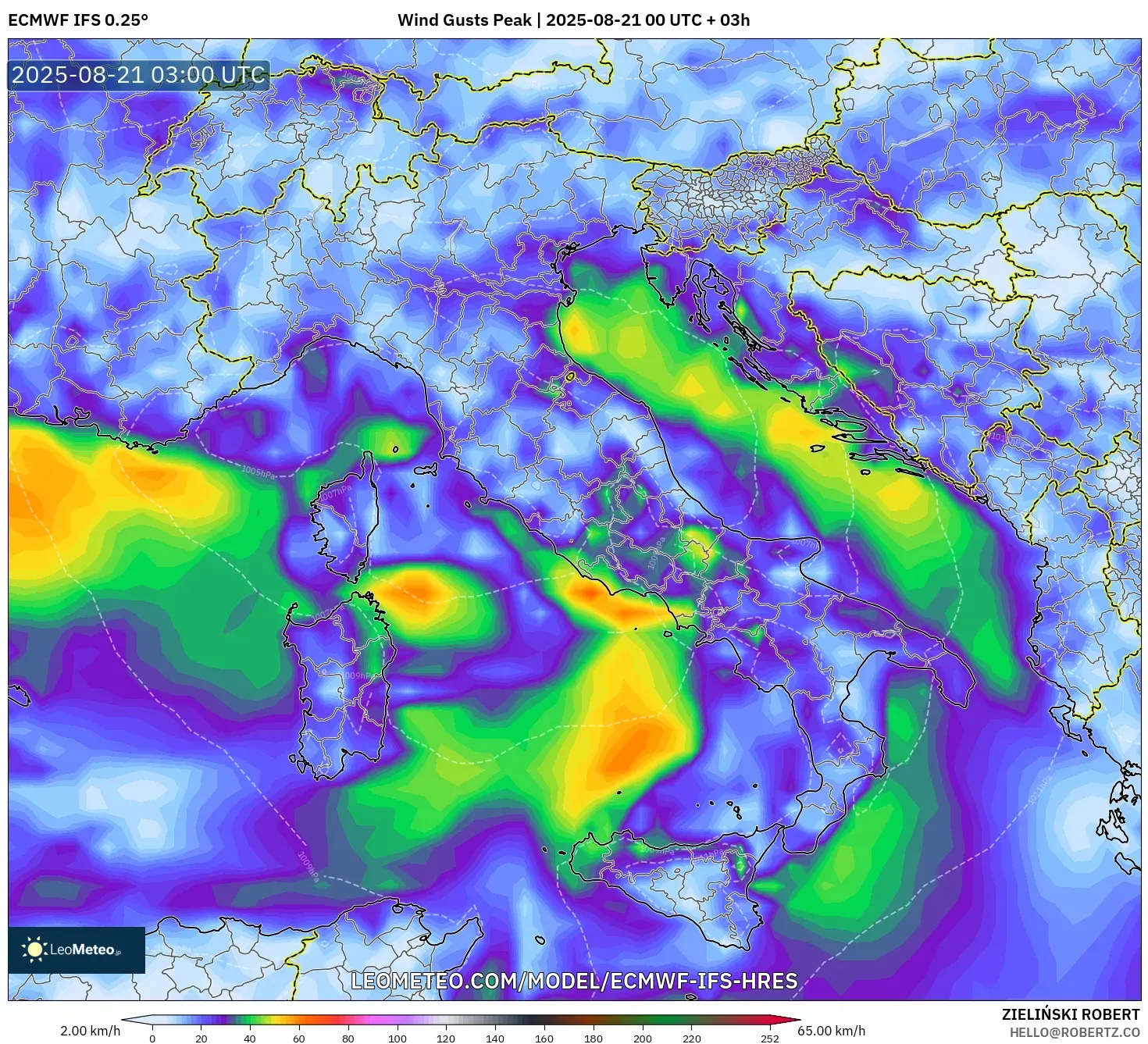 ECMWF IFS 0.25° model - Italy, Wind Gusts Peak