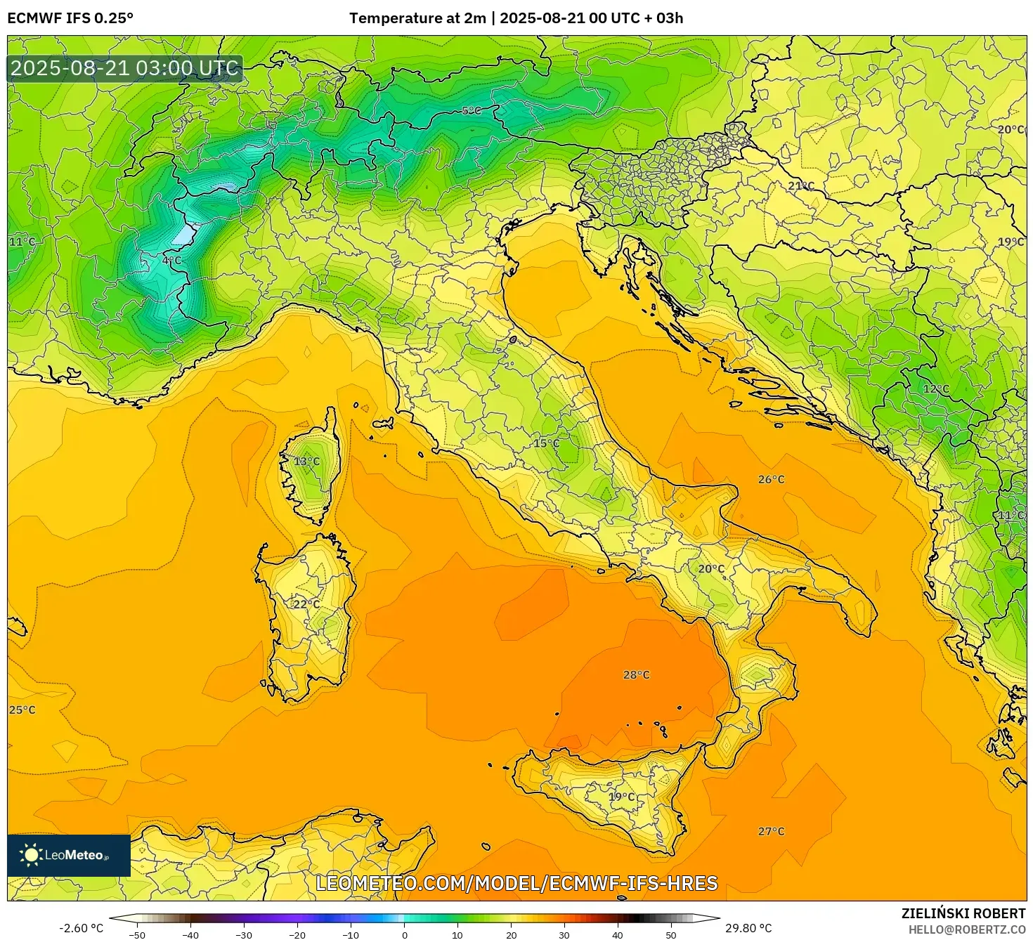 ECMWF IFS 0.25° model - Italy, Temperature at 2m