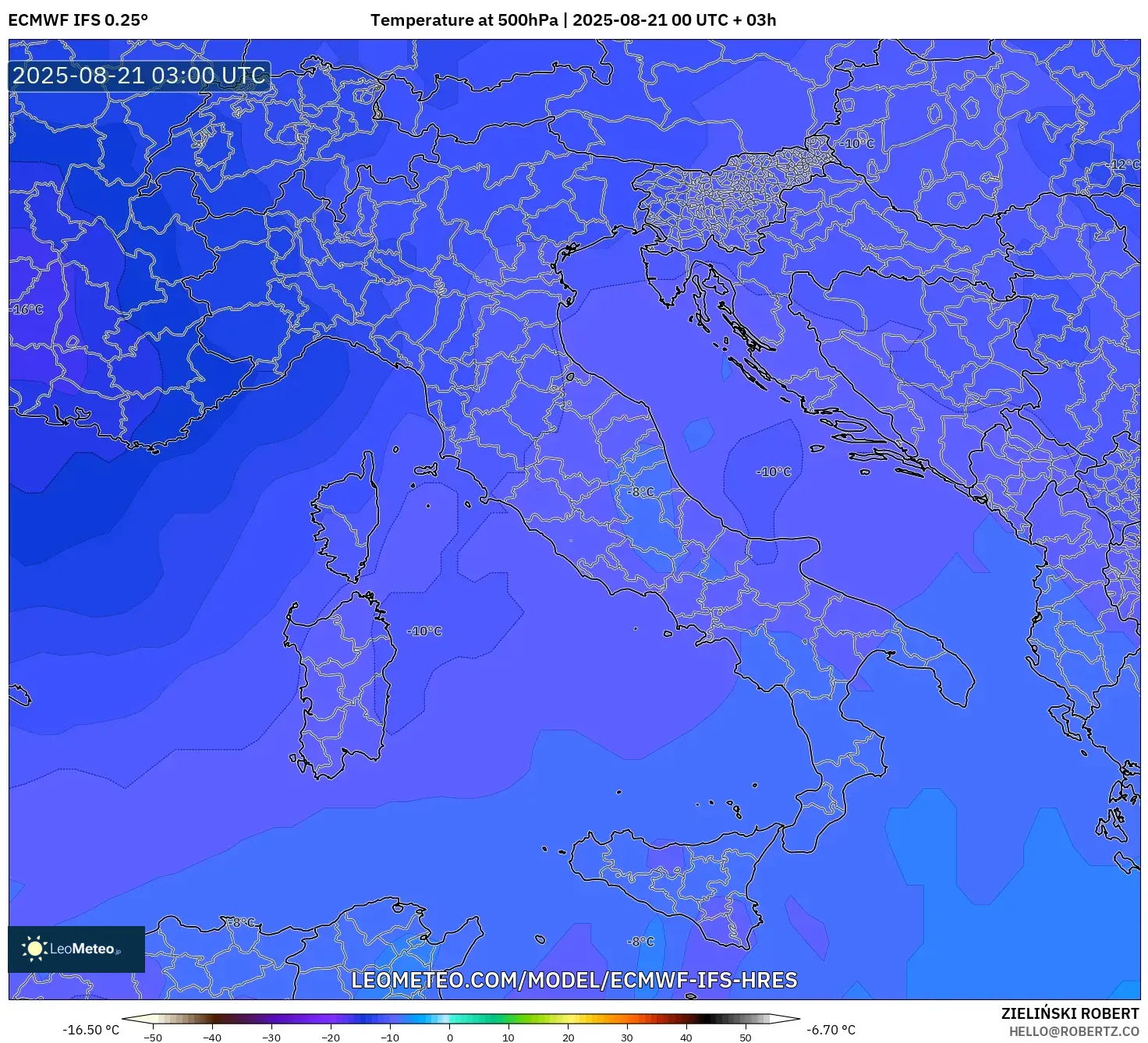 ECMWF IFS 0.25° model - Italy, Temperature at 500hPa